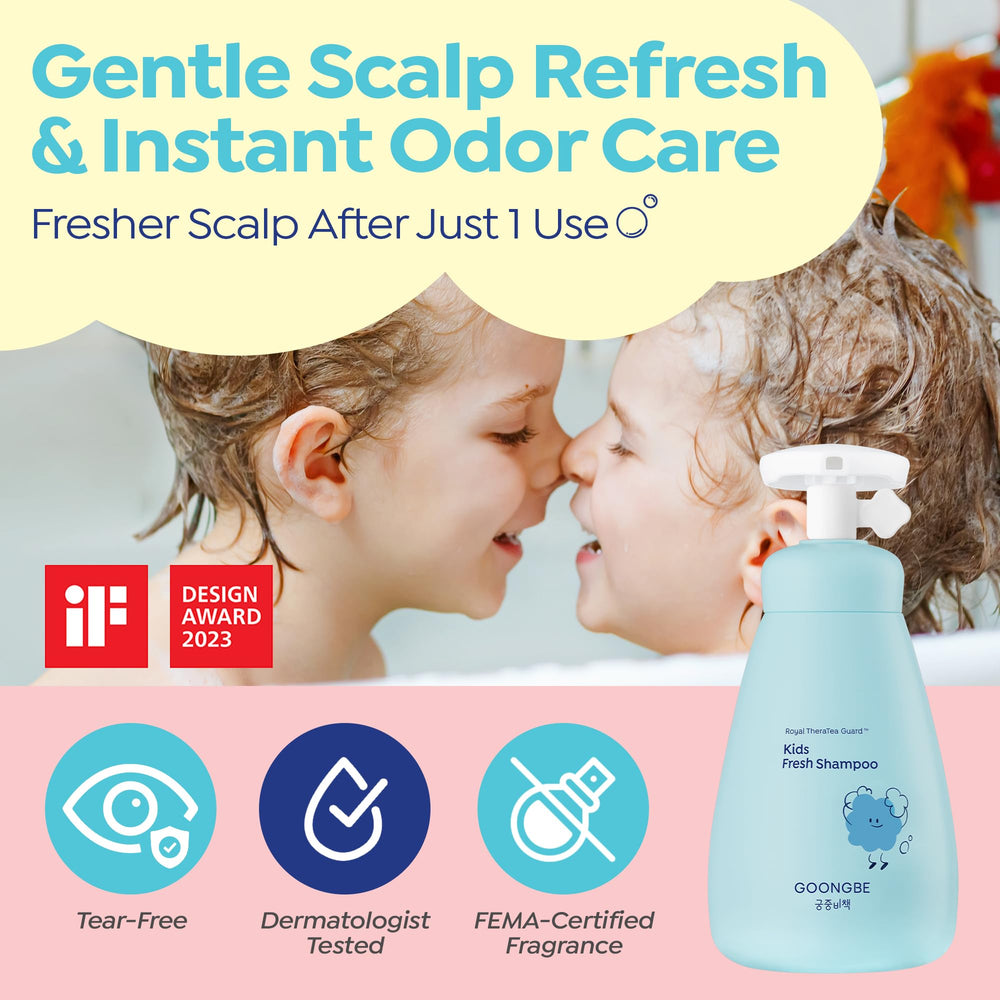 GOONGBE Kids Fresh Shampoo demonstrates micellar purification lifting oil and sweat.
