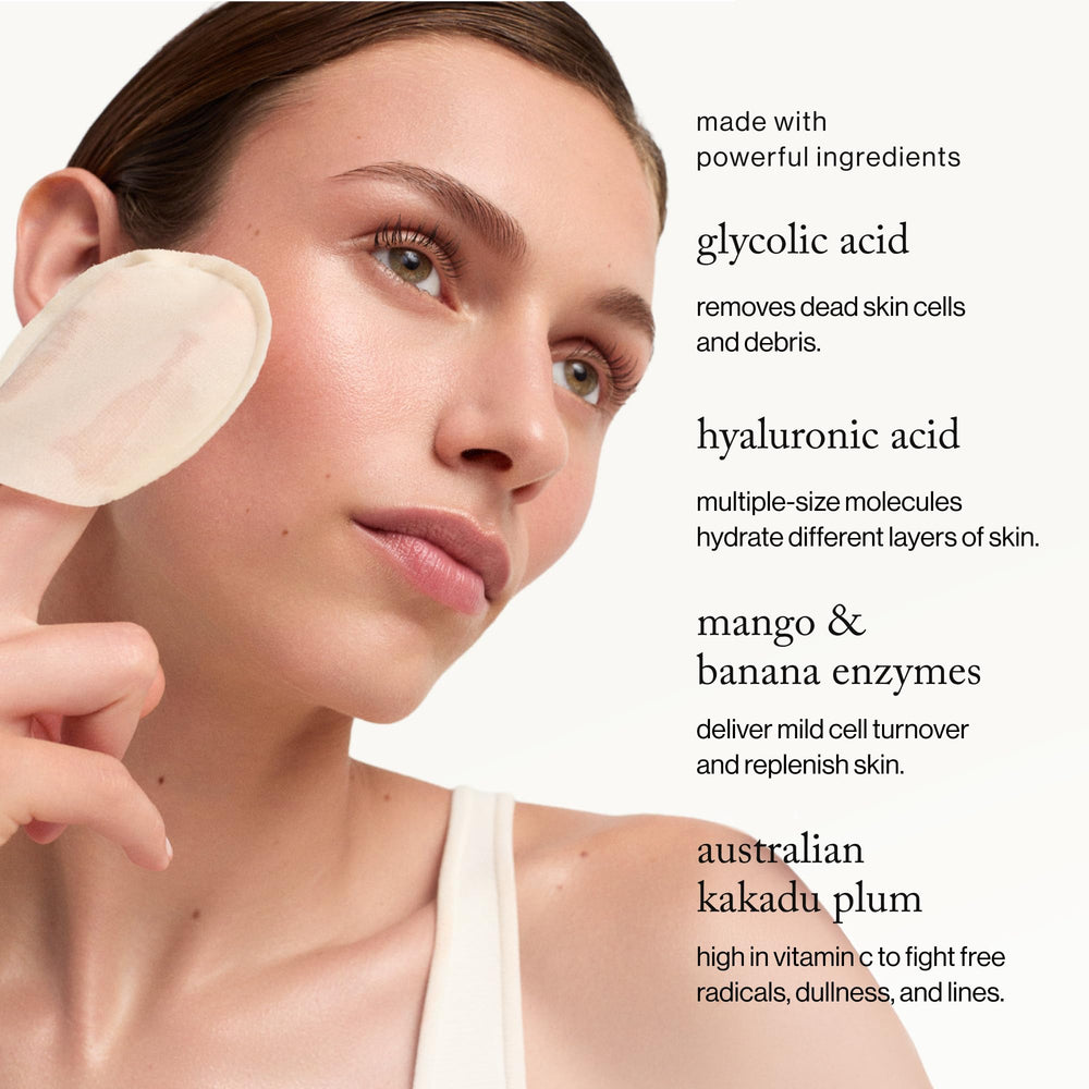 Goop Beauty glycolic pad applied to face and neck during application