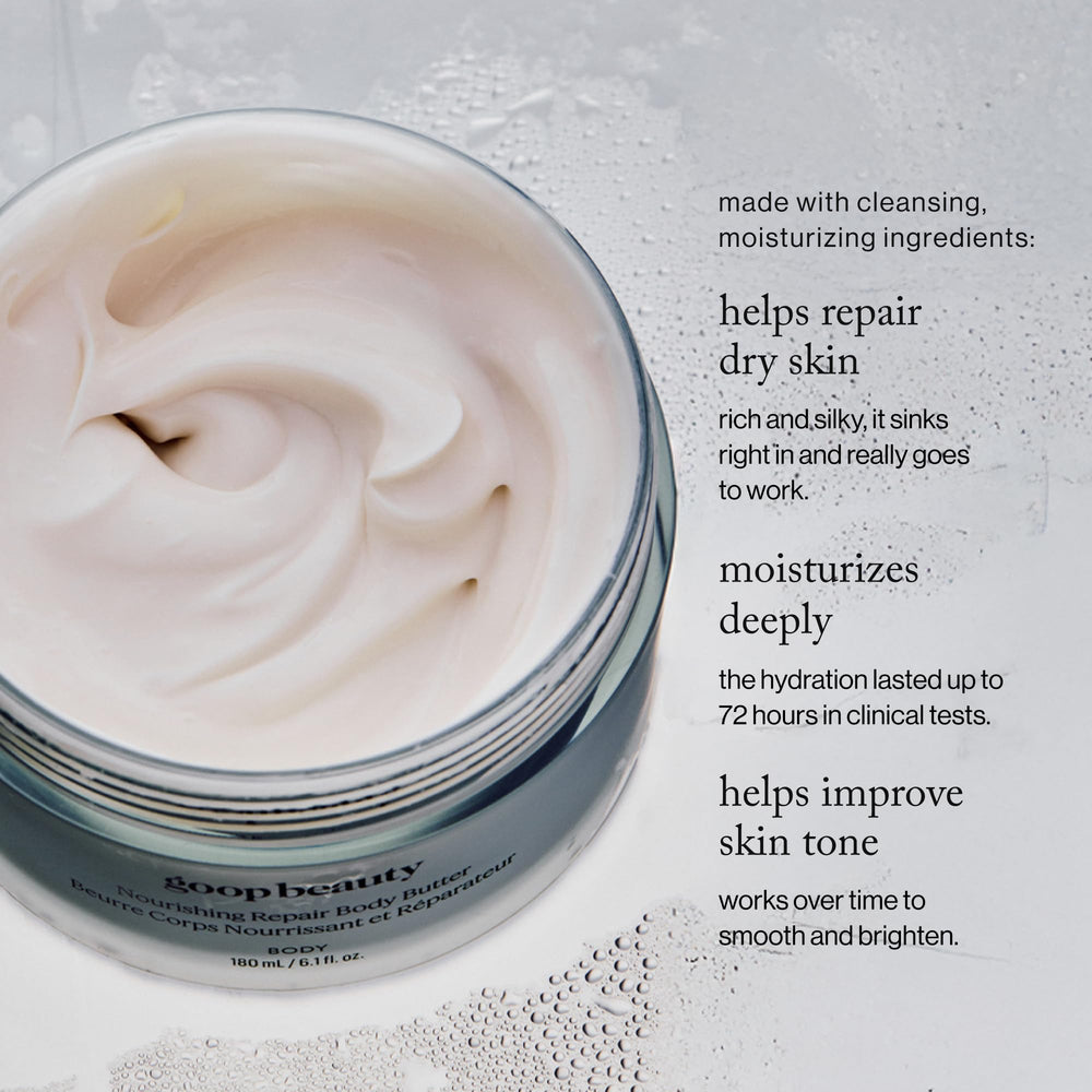 Goop Beauty Body Butter cream pours from bottle for luxurious application