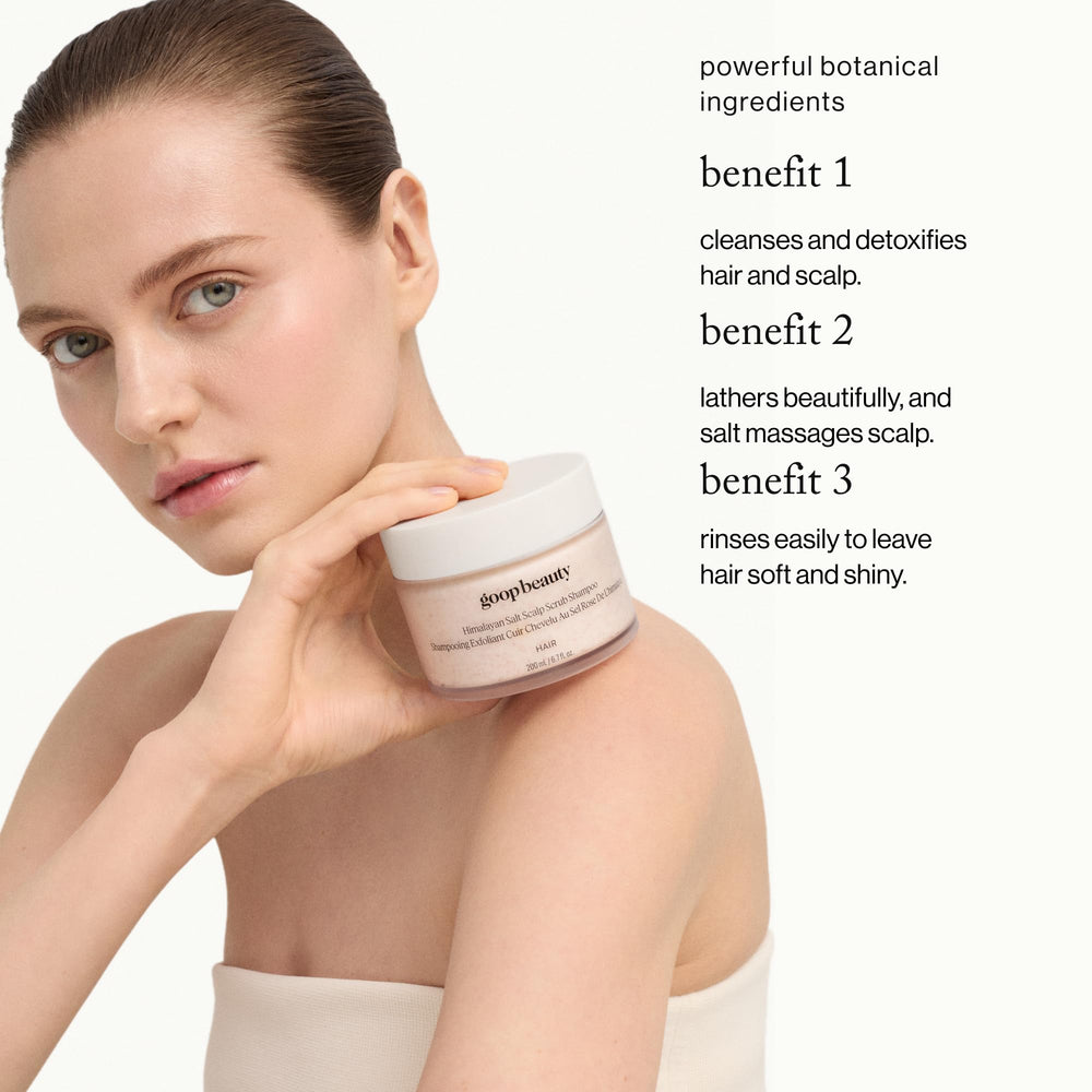 Goop Beauty Scalp Scrub Shampoo highlighting rosehip oil for nourished hair