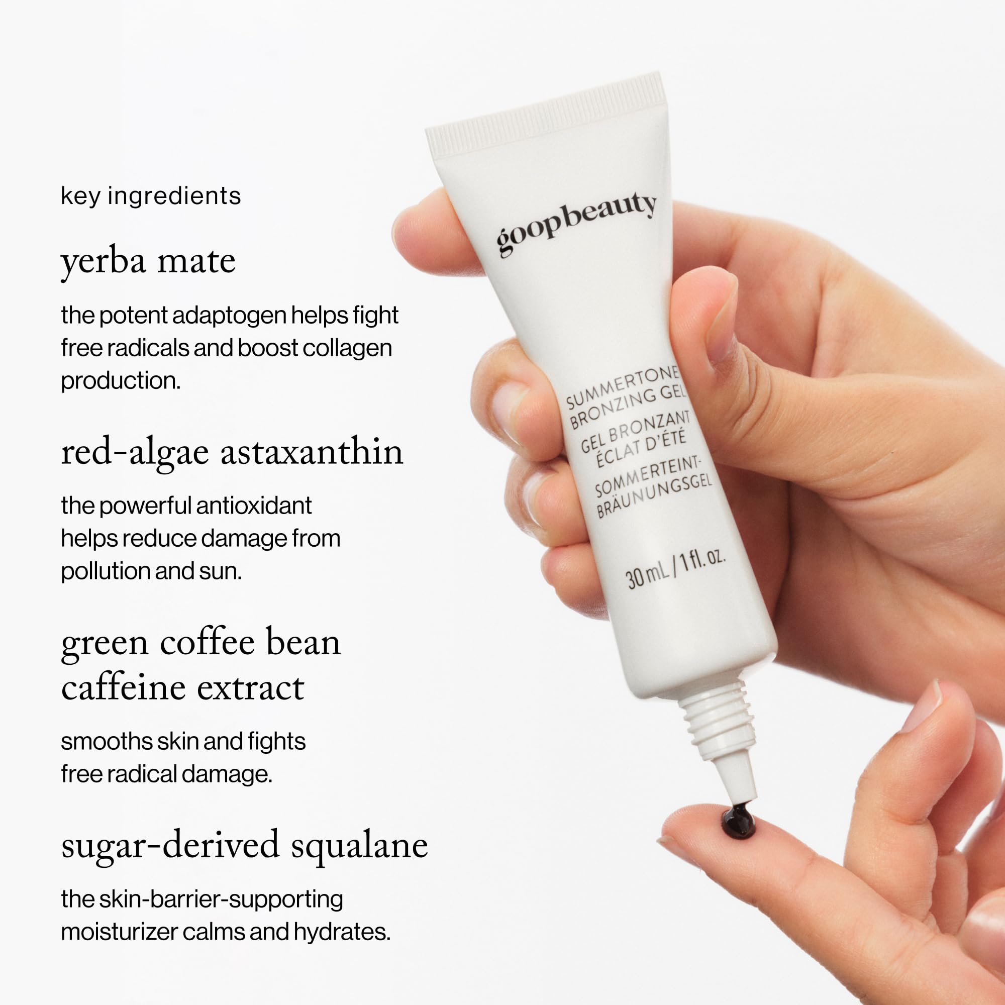 Goop Summertone bronzing gel with application brush demonstrates even blend.