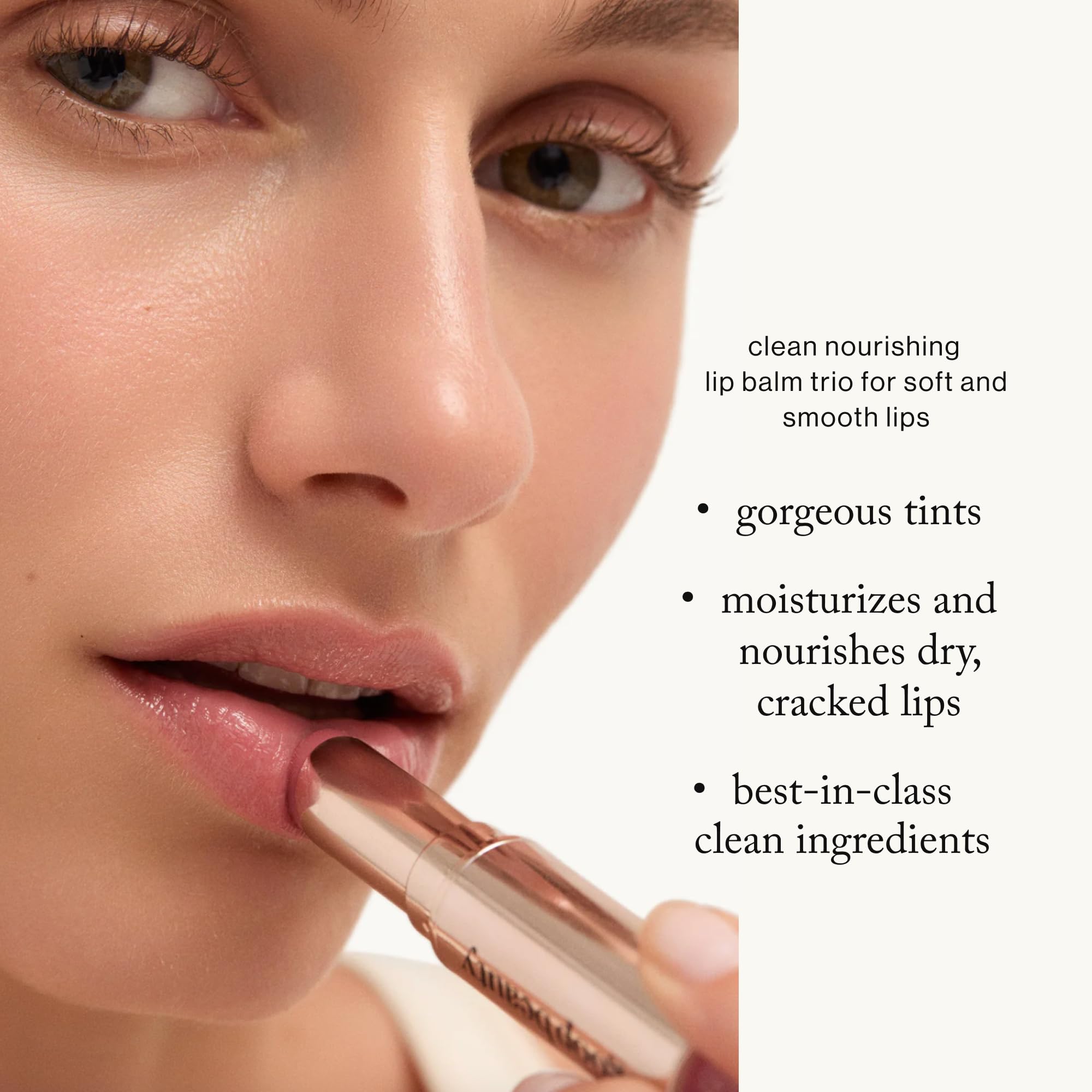 Goop Lip Balm texture swirl shows creamy moisture on lips.