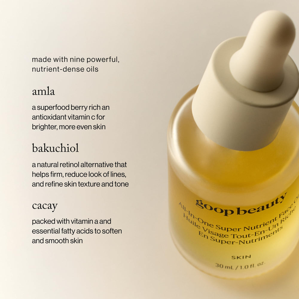 Goop Nutrient Face Oil droplets on fingertip ready to apply