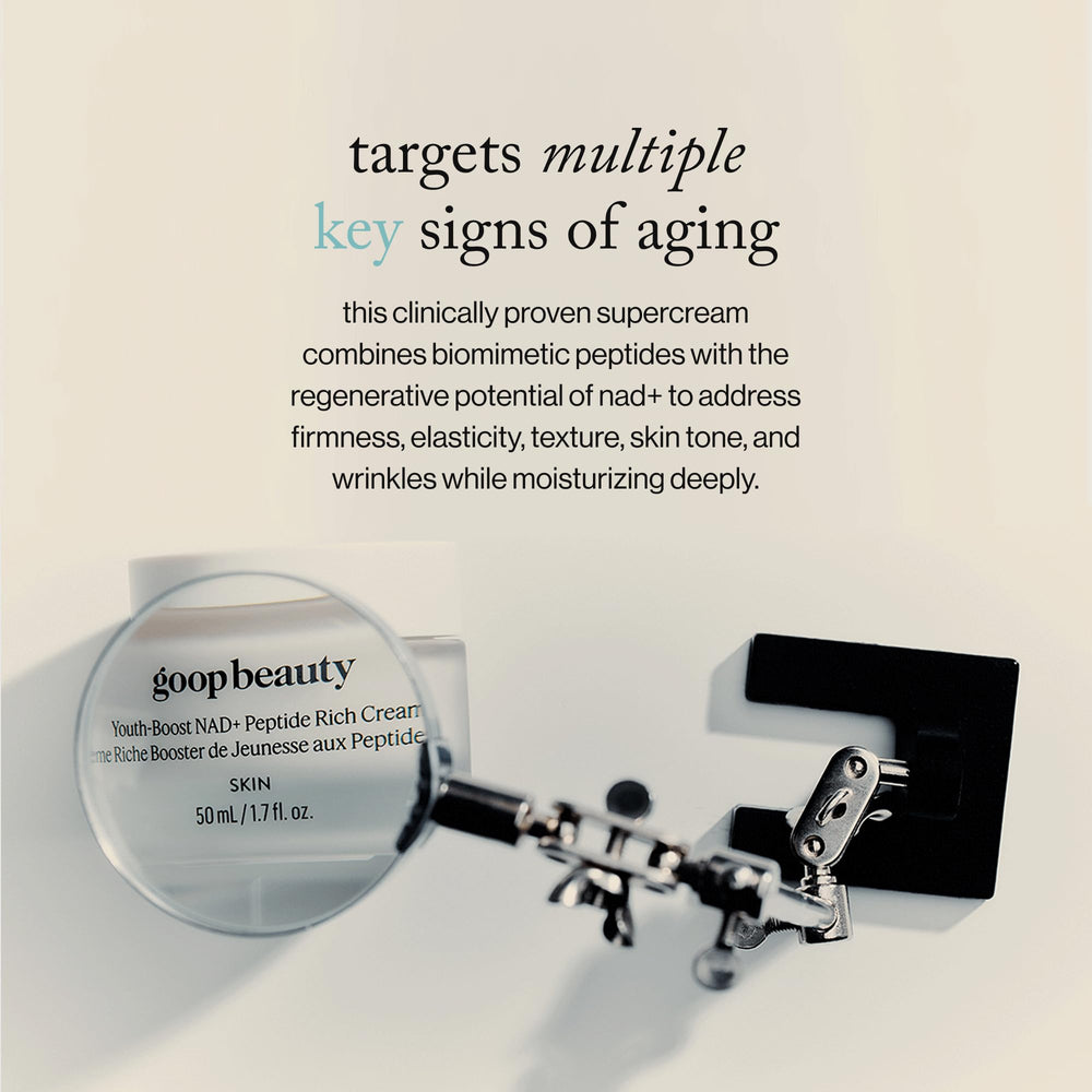 goop Youth-Boost cream closeup ingredients label highlights NAD+, peptides.