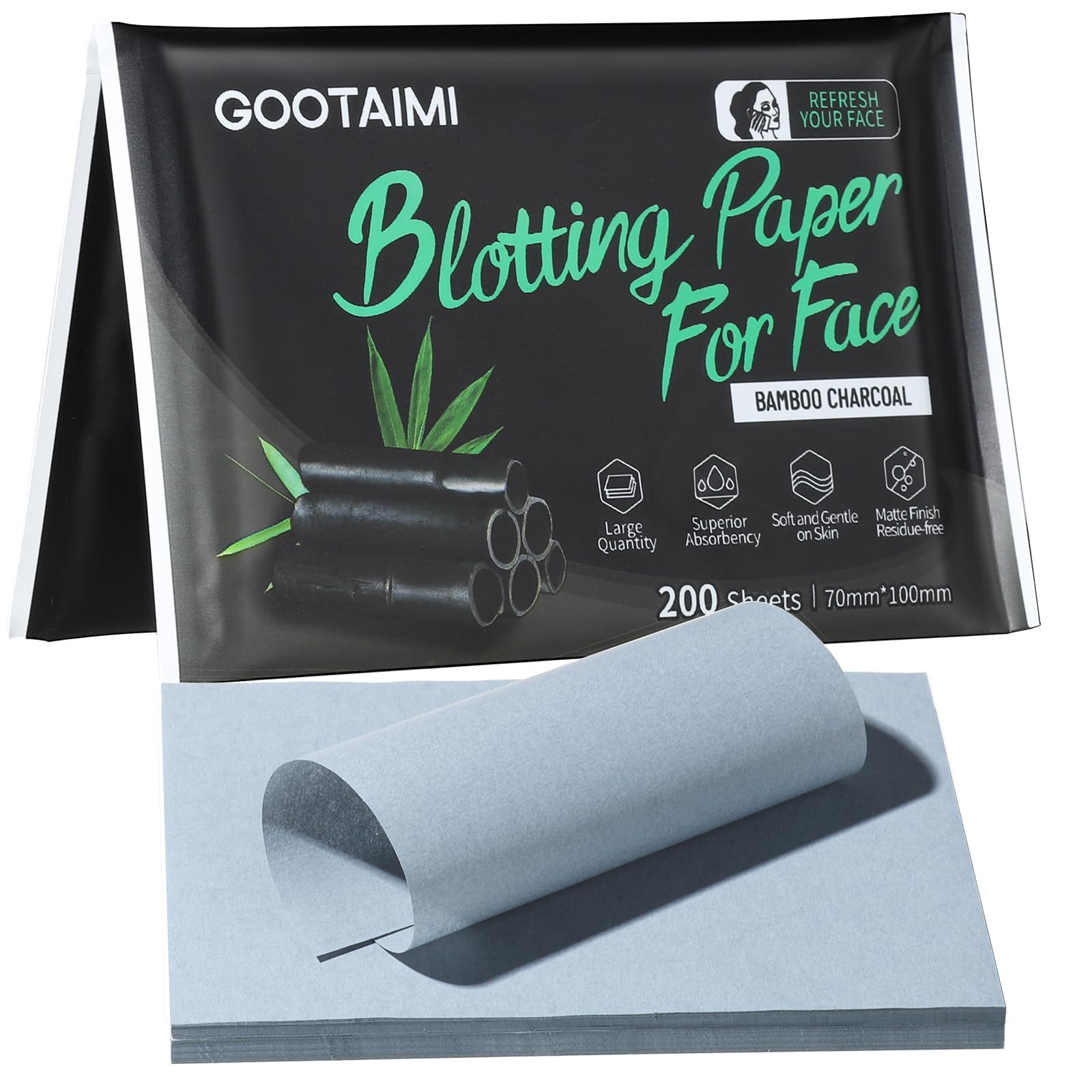 Gootaimi blotting paper packaging close-up, portable 200-count set for on-the-go touch-ups.