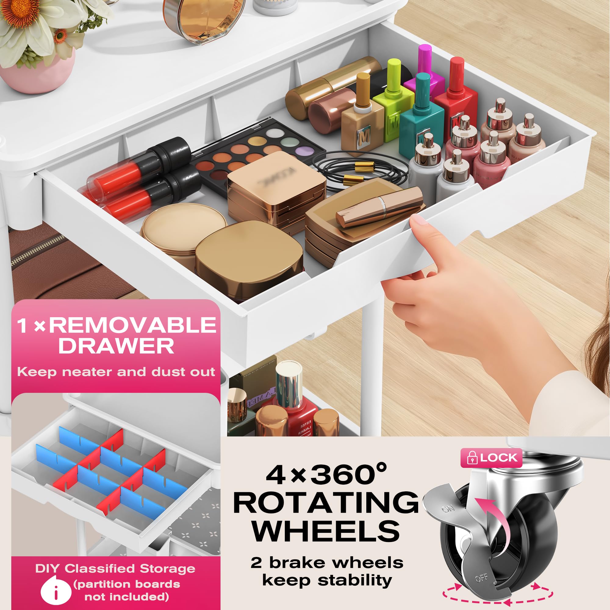 Goovilla rolling makeup cart 3-tier storage offers ample space for cosmetics.