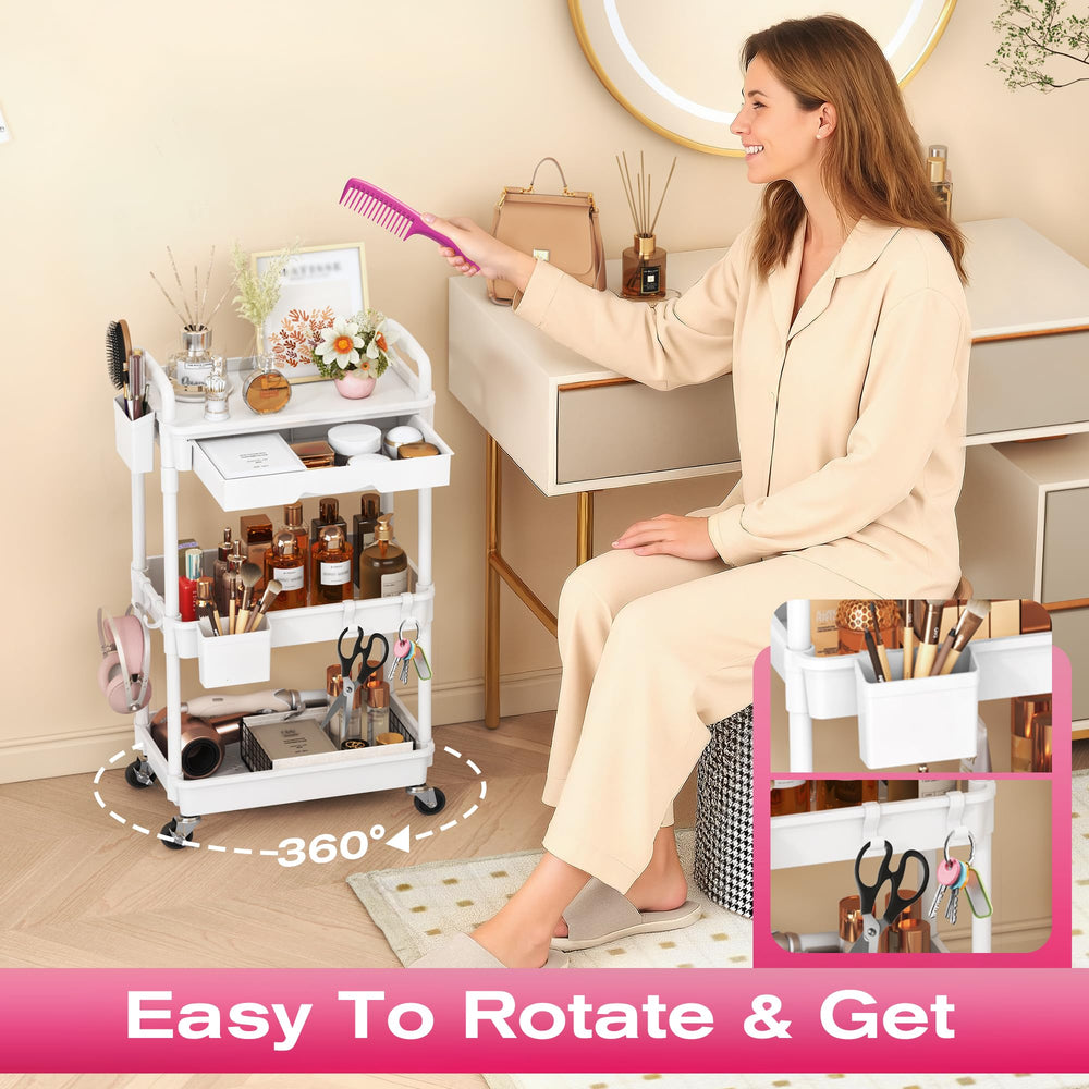 Goovilla rolling makeup cart 360° wheels enable smooth repositioning.