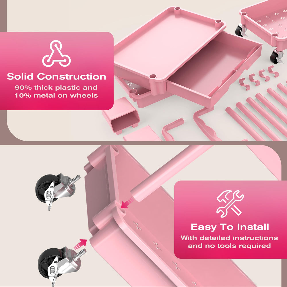 Goovilla rolling makeup cart 360-degree wheels for easy maneuverability.
