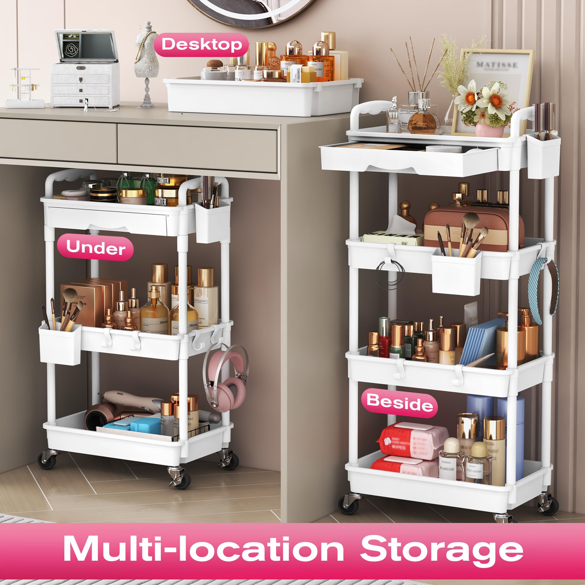 Goovilla rolling makeup cart easy to clean plastic surfaces for daily use.