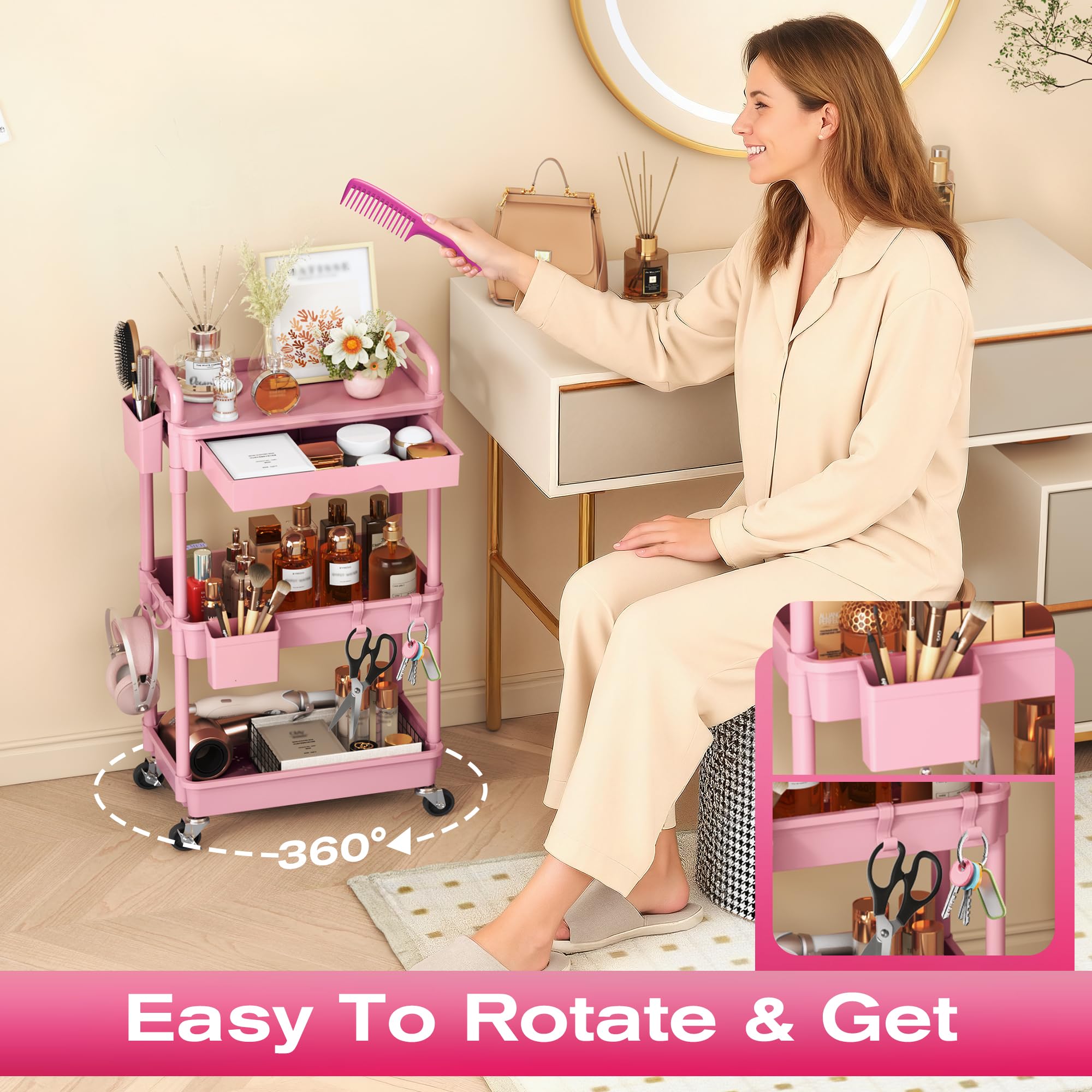 Goovilla rolling makeup cart hanging cups for small item access.