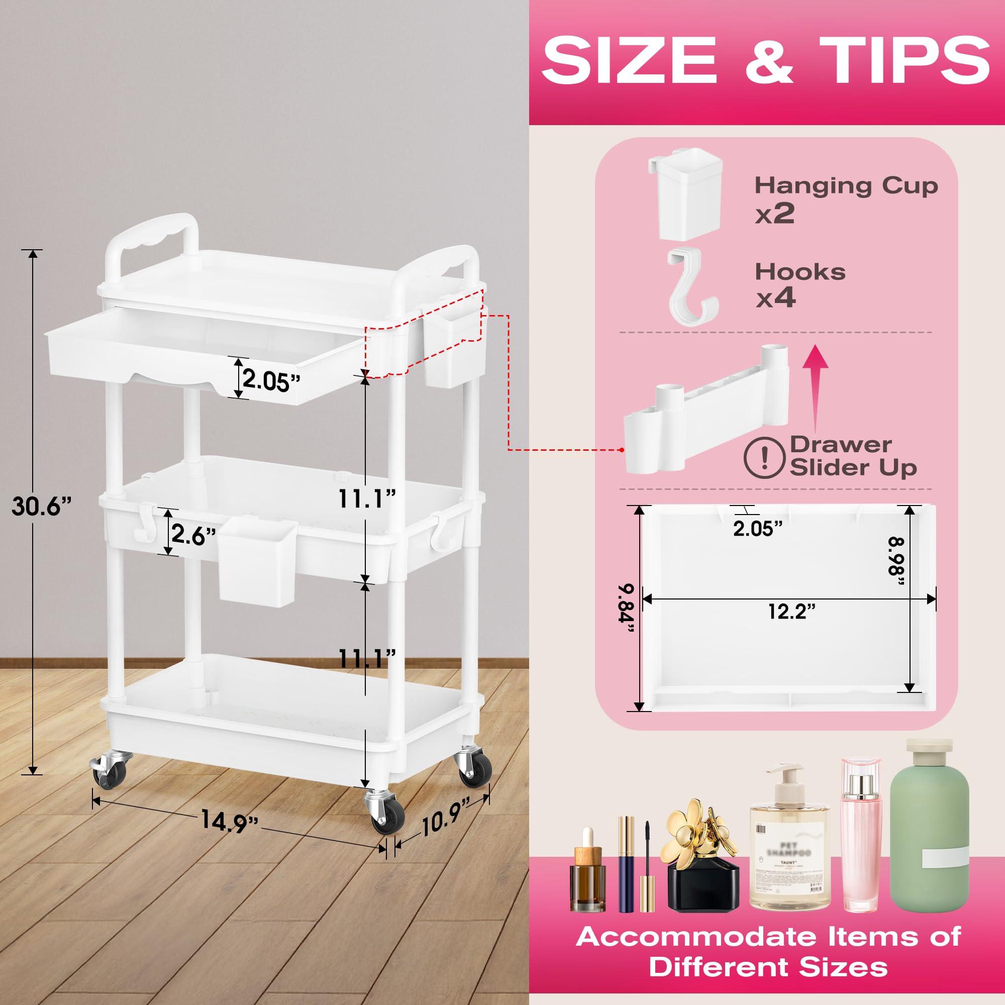 Goovilla rolling makeup cart removable drawer adds flexible vertical storage.