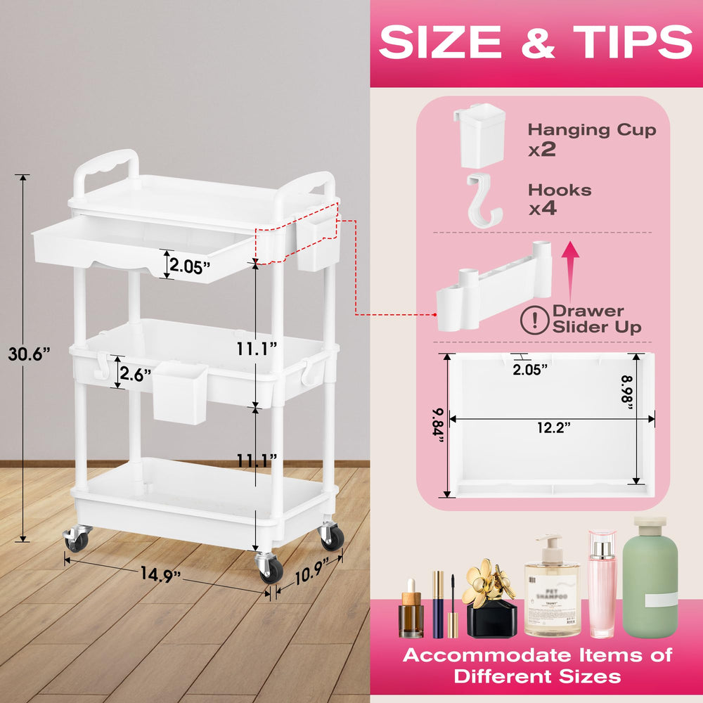 Goovilla rolling makeup cart removable drawer adds flexible vertical storage.
