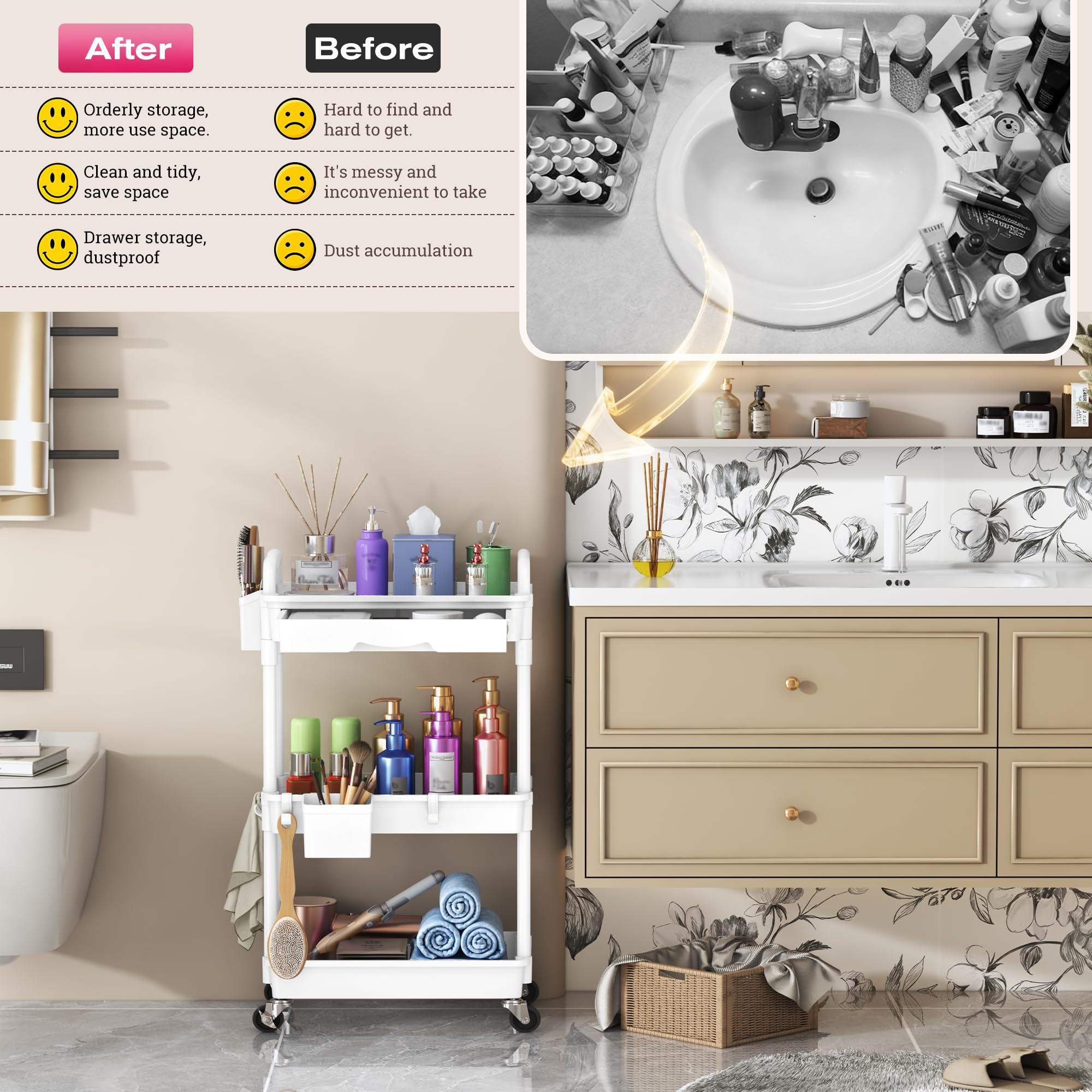 Goovilla rolling makeup cart in white finish fits bathroom or vanity.