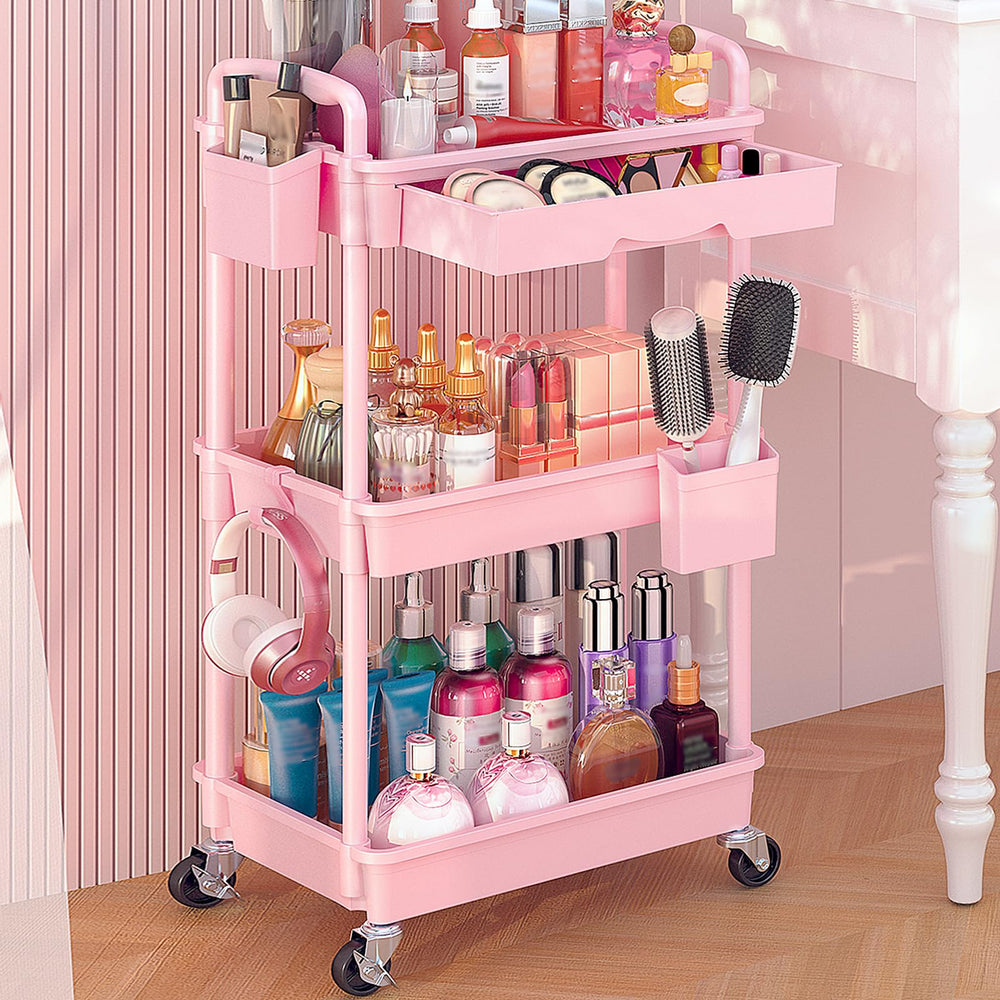 Goovilla rolling makeup cart top view with spacious vanity storage.