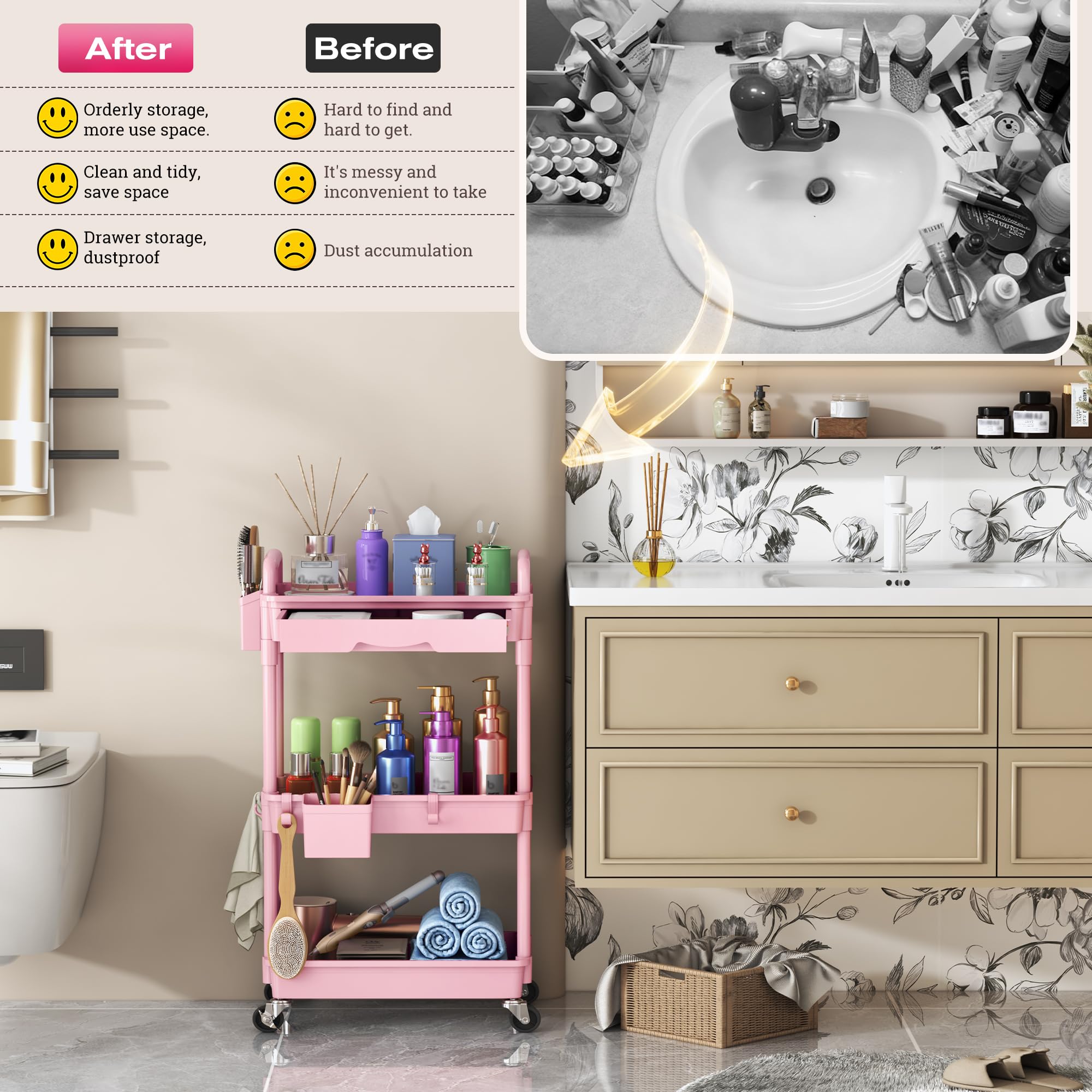 Goovilla rolling makeup cart fits beside vanity for neat storage.