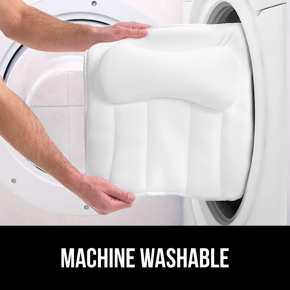 GORILLA GRIP bath pillow built-in hanging hook for tidy storage.