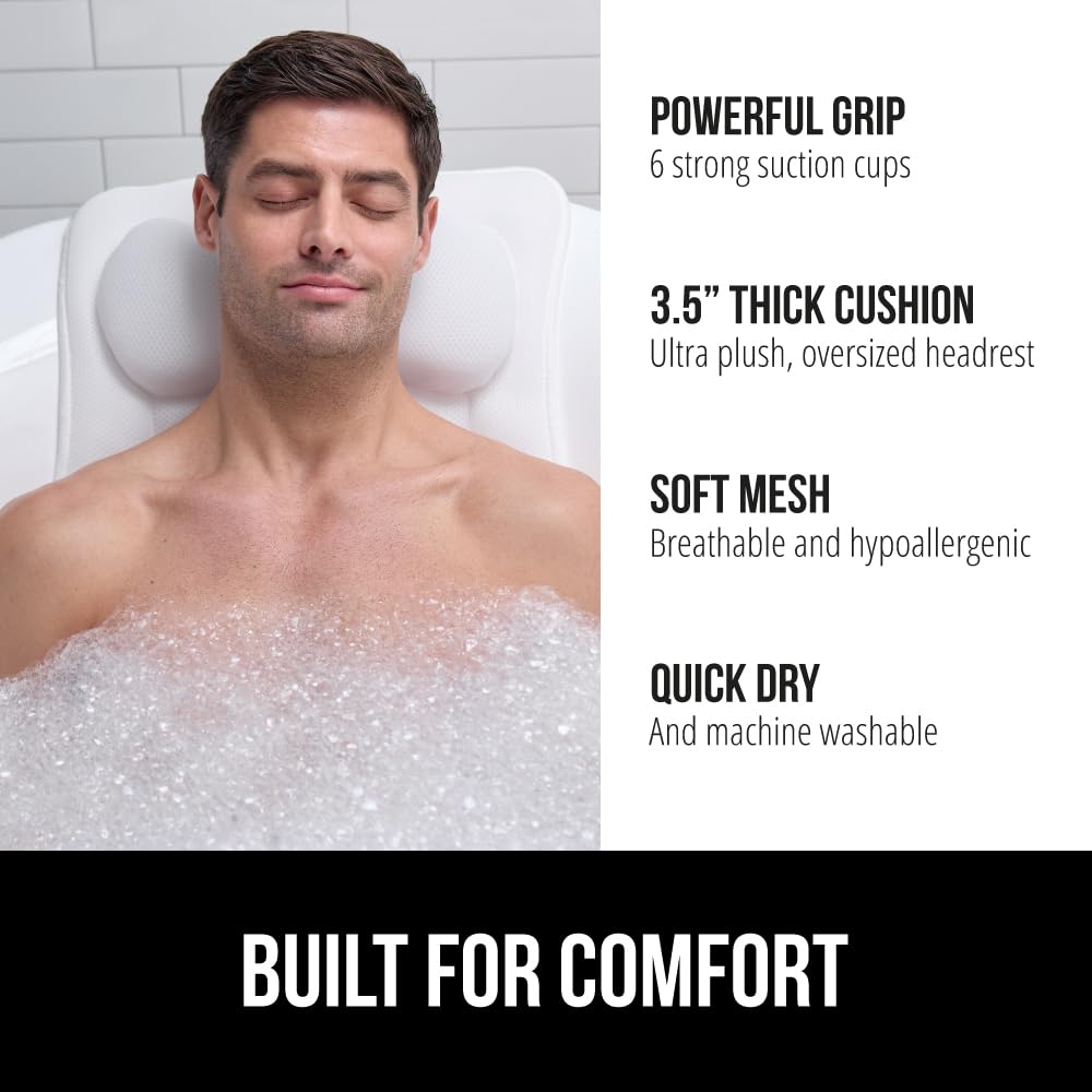 GORILLA GRIP bath pillow headrest with 3.5-inch thickness offers plush neck support.