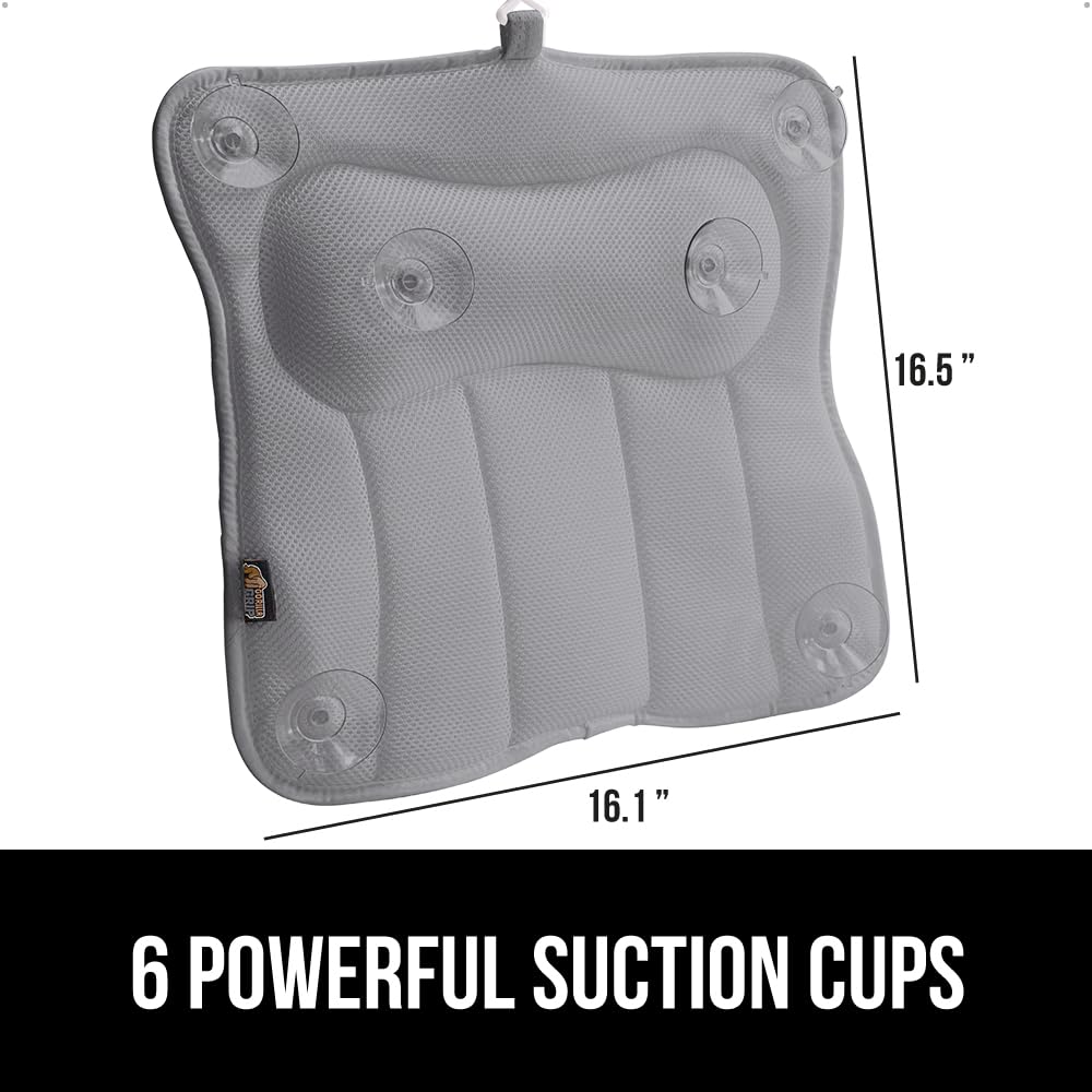 GORILLA GRIP pillow measures 16.5x16.1 inches for full-tub coverage.