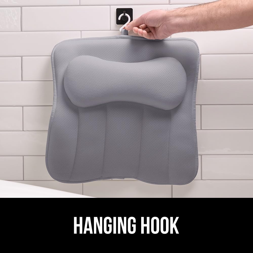 GORILLA GRIP spa-ready pillow enhances relaxation without crowding tub space.