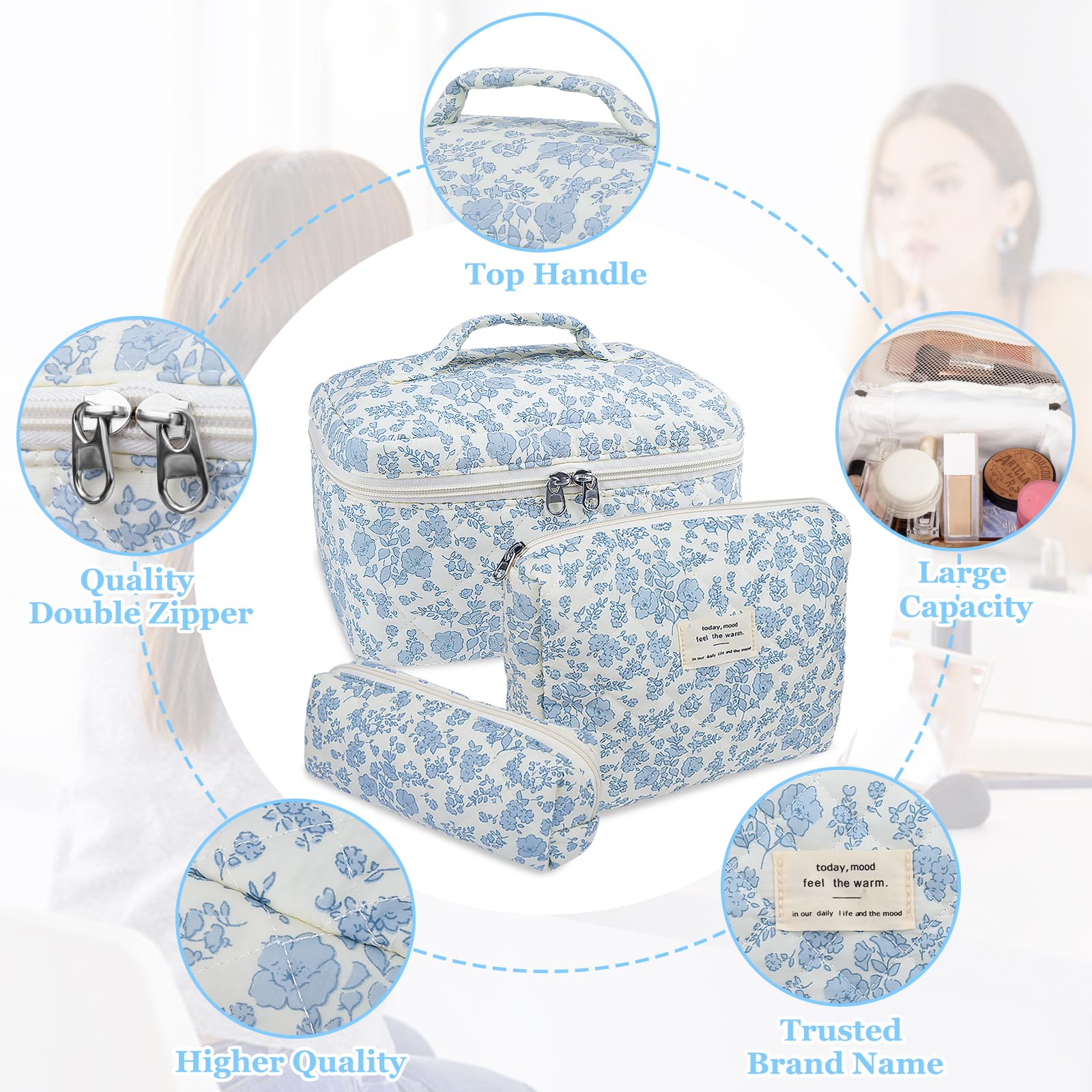 Gosect cotton makeup bag with gold zipper detail.