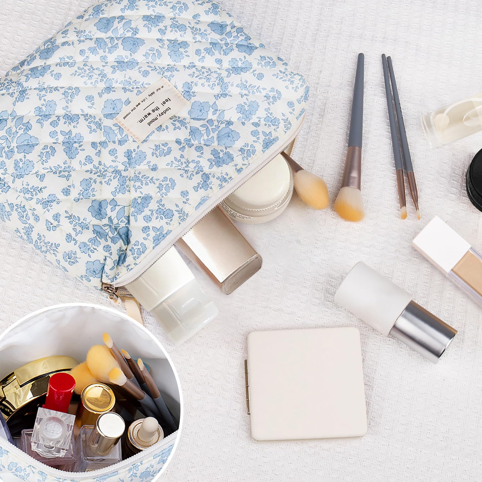 Gosect floral makeup bag open shows organized space for cosmetics and brushes.