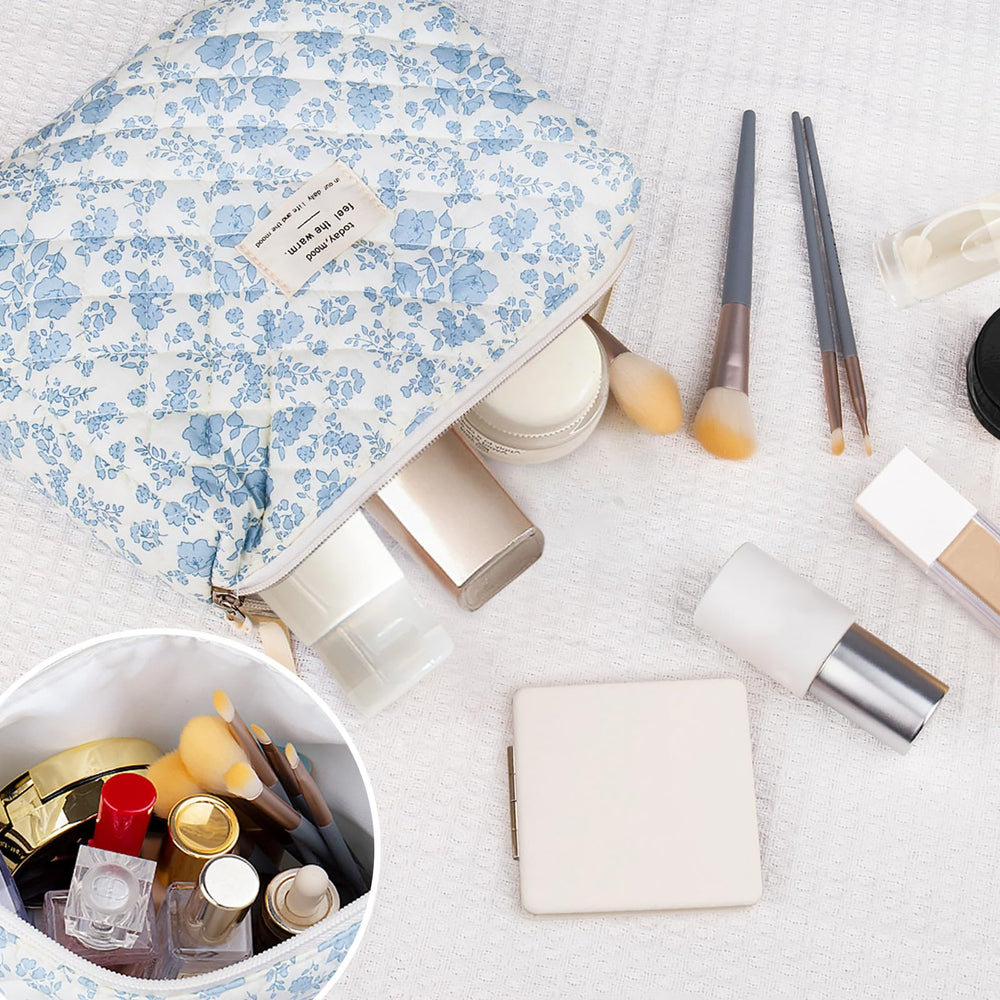 Gosect floral makeup bag open shows organized space for cosmetics and brushes.