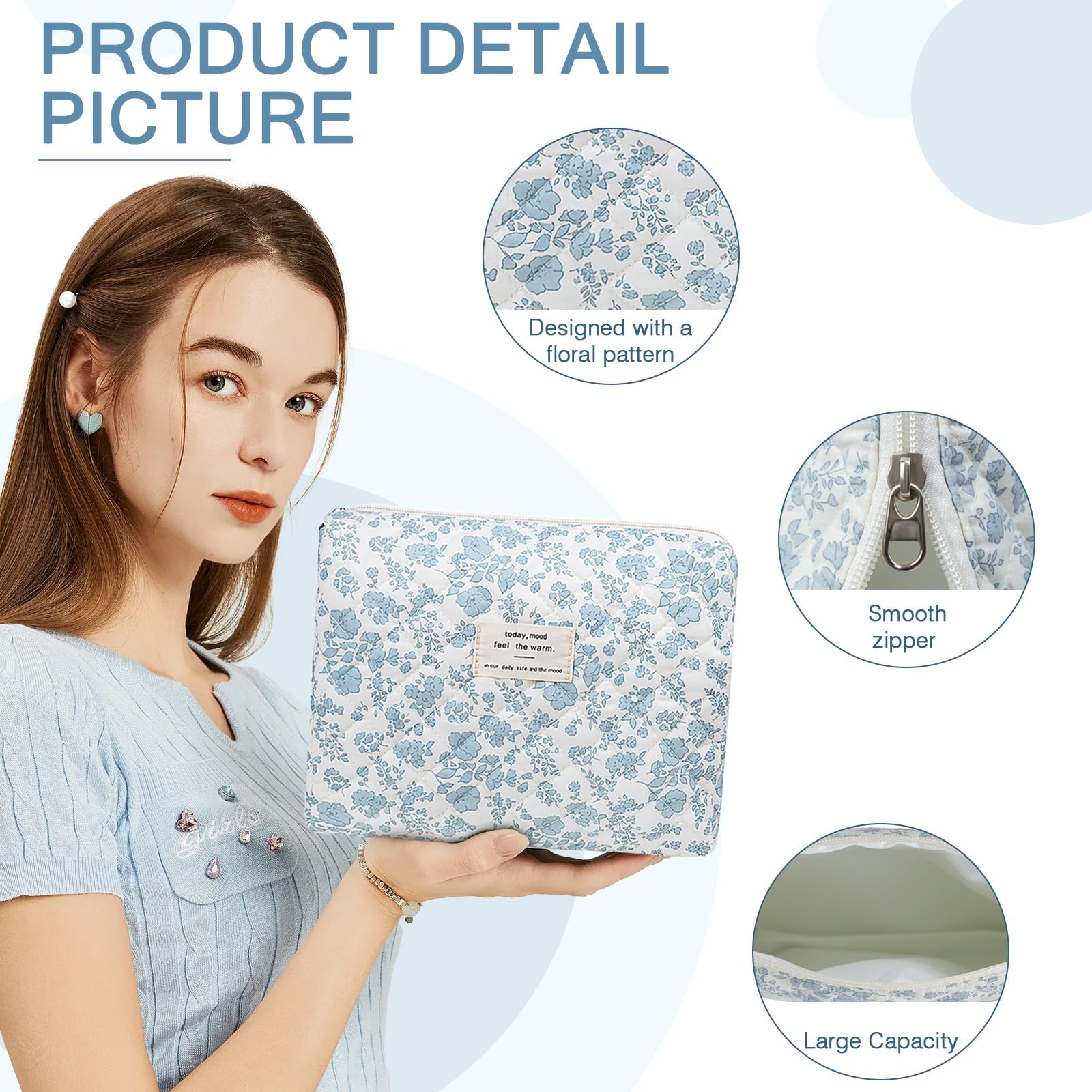 Gosect floral makeup bag zipper detail with gold-plated pull.