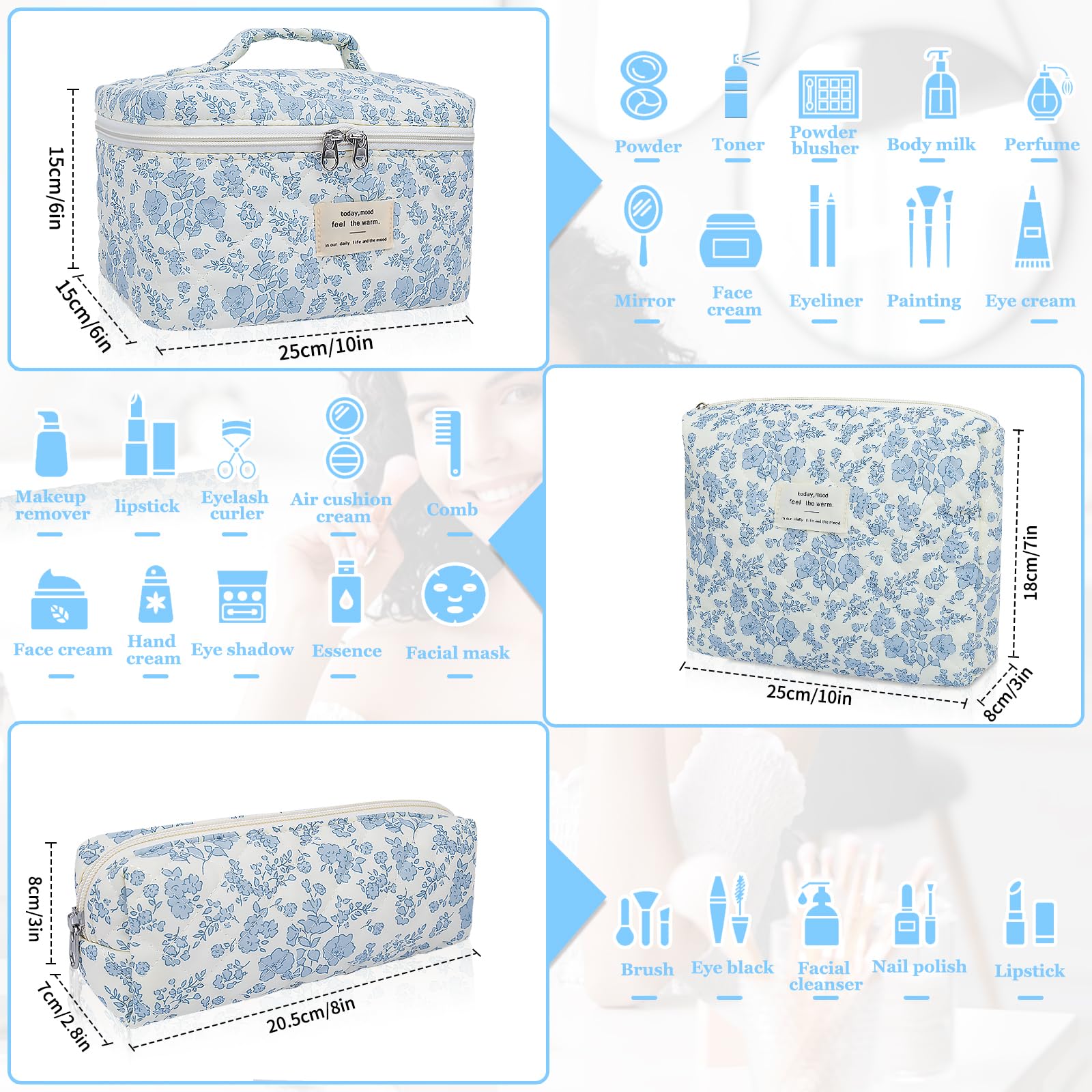 Gosect makeup bag blue flower quilted back view showing durable fabric.