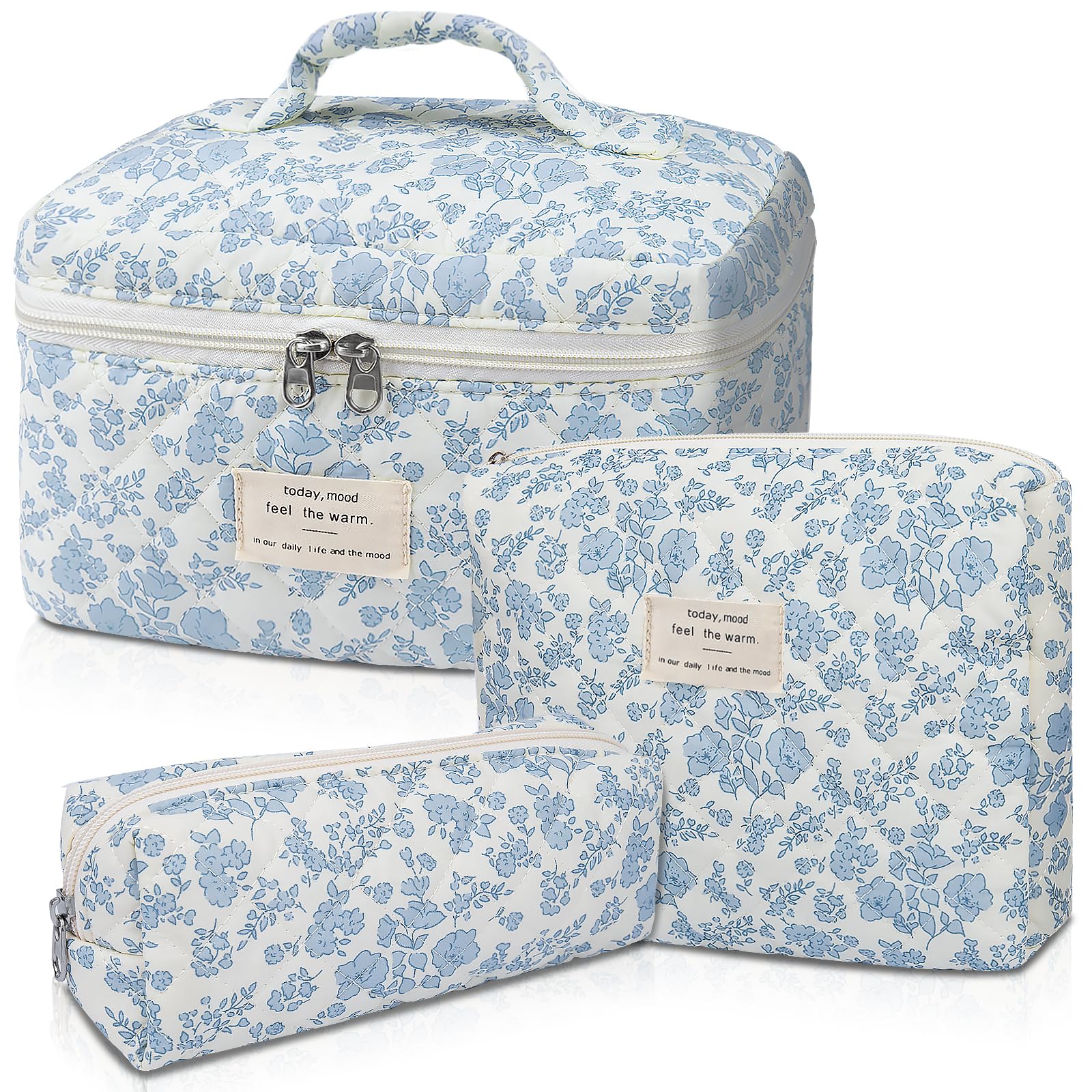 Gosect makeup bag blue flower quilted front view with spacious compartments.