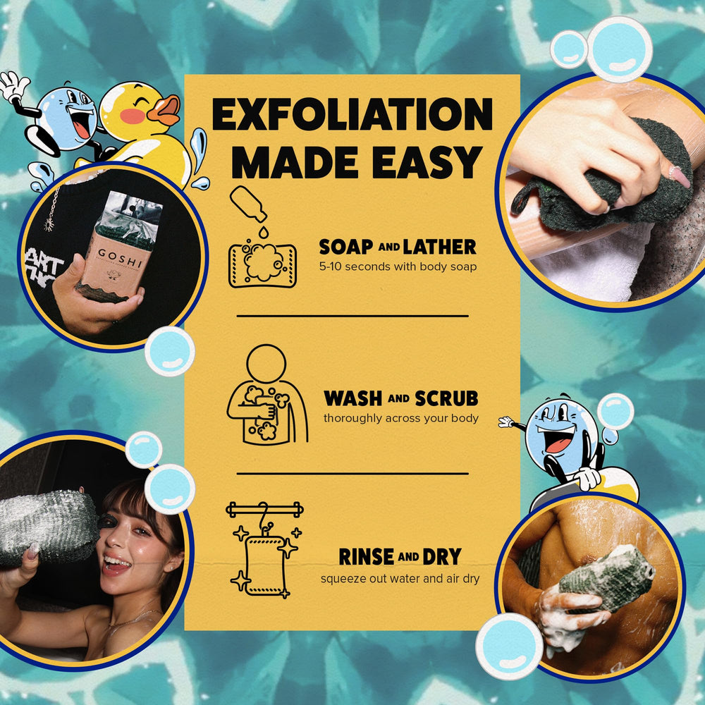 GOSHI esponja exfoliante para ducha, cuidado diario de la piel.