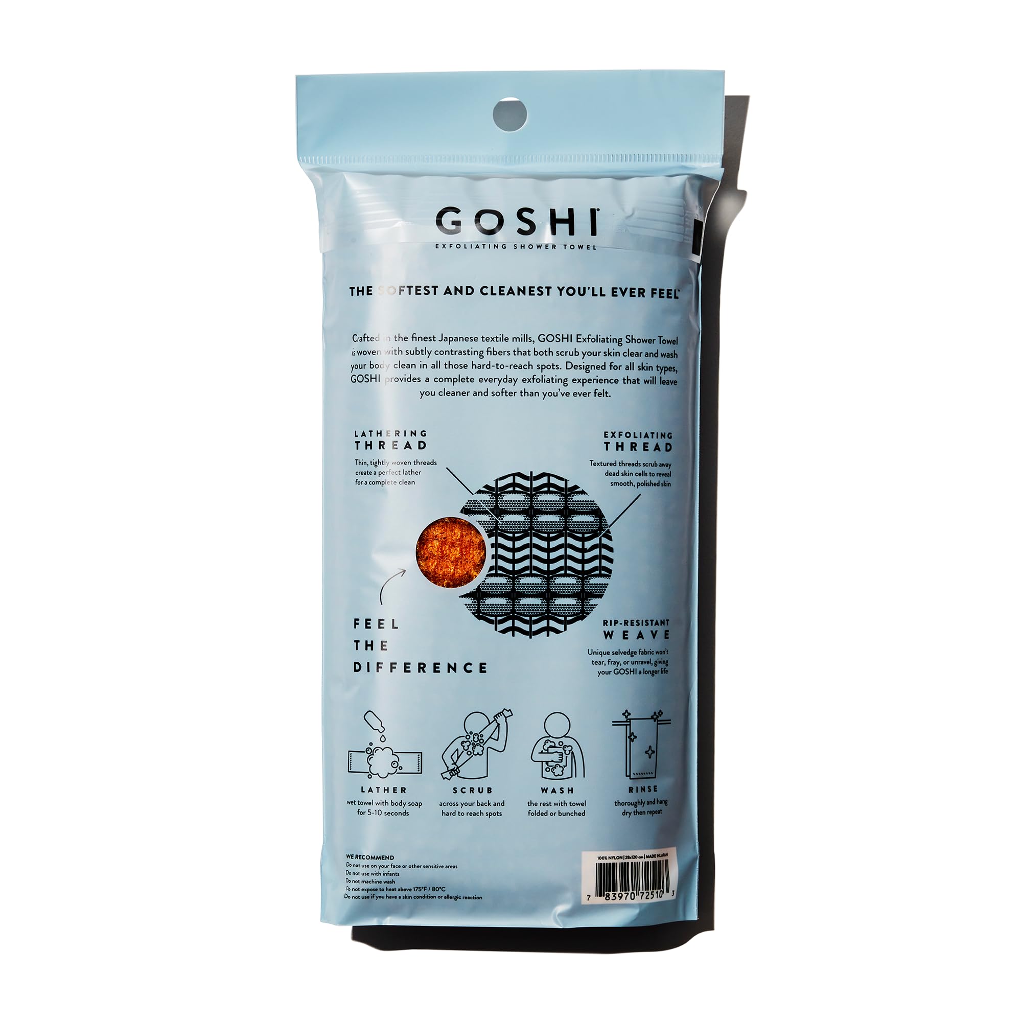 GOSHI toalla exfoliante, cobertura amplia para zonas difíciles como la espalda.