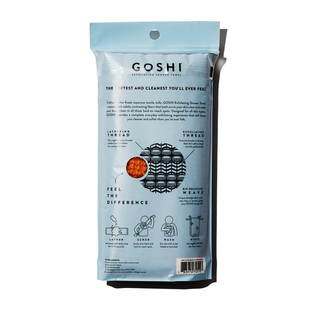 GOSHI toalla exfoliante, cobertura amplia para zonas difíciles como la espalda.