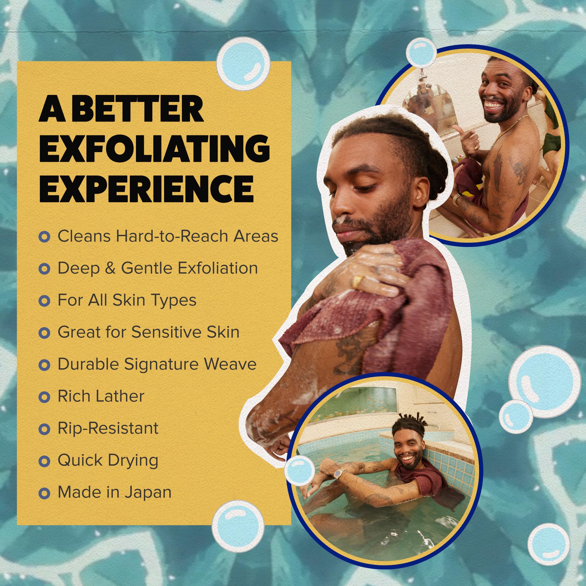 GOSHI toalla exfoliante: genera rica espuma con gel de ducha.