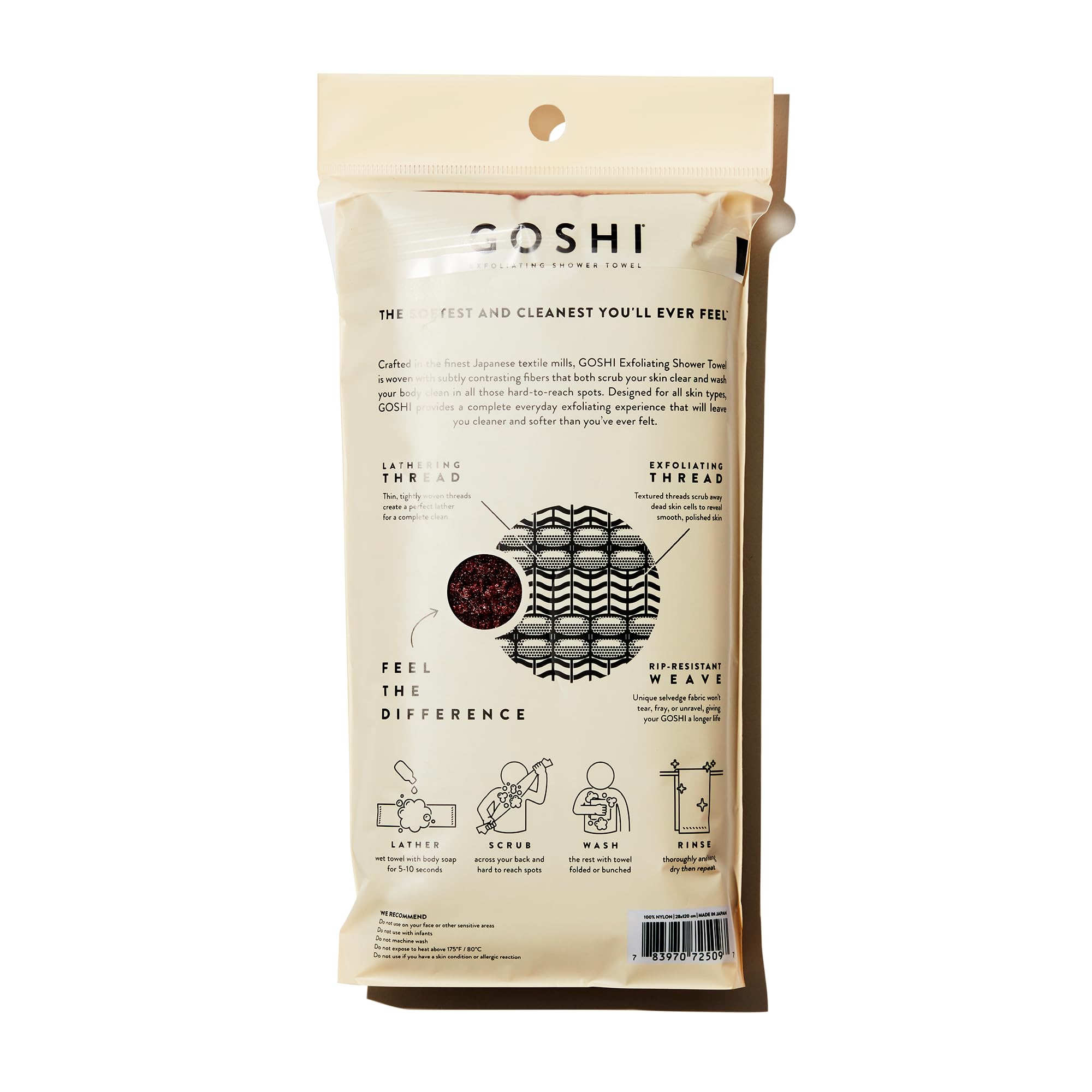 GOSHI toalla exfoliante: tejido resistente para duradera exfoliación.