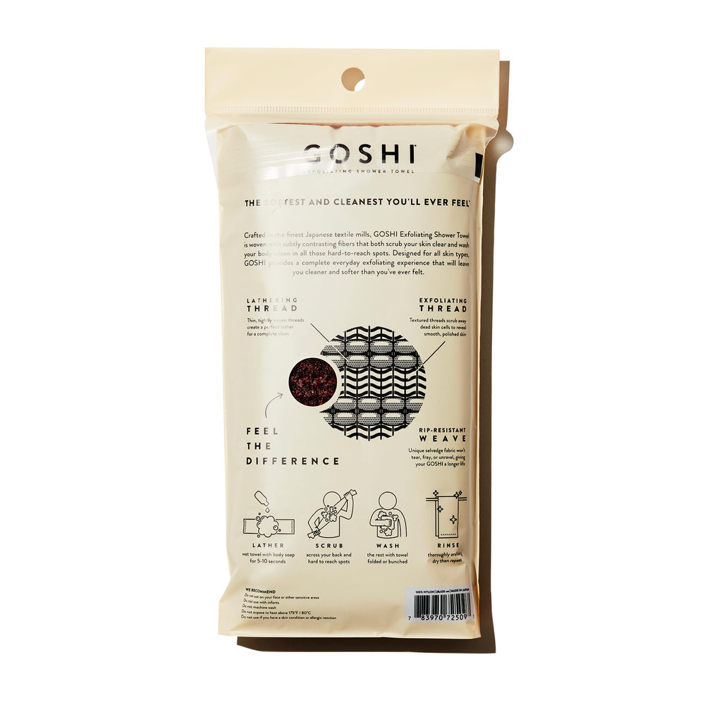 GOSHI toalla exfoliante: tejido resistente para duradera exfoliación.