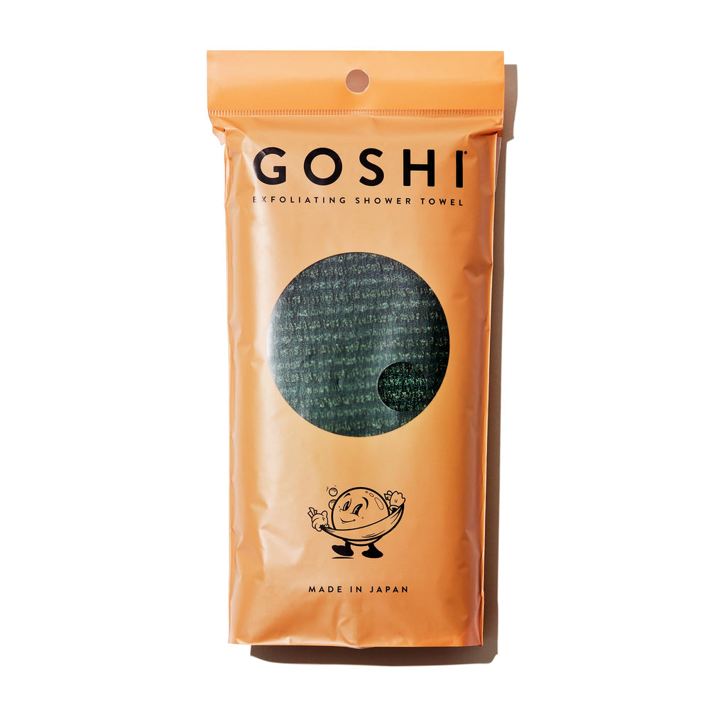 GOSHI: toalla exfoliante verde musgo, vista general para exfoliar y limpiar la piel.