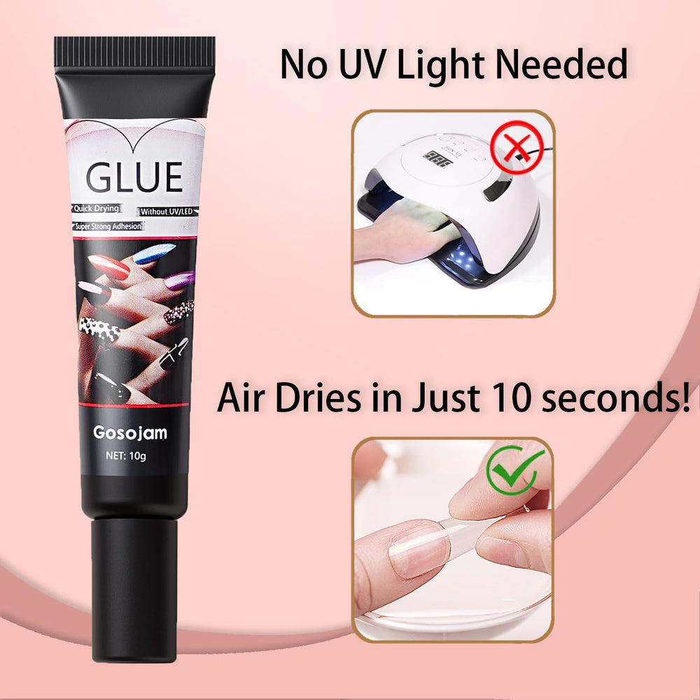Gosojam nail glue fast-drying action demonstrates quick set for busy mornings.