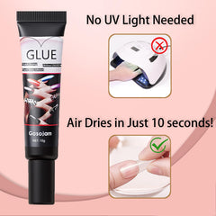 Gosojam nail glue fast-drying action demonstrates quick set for busy mornings.