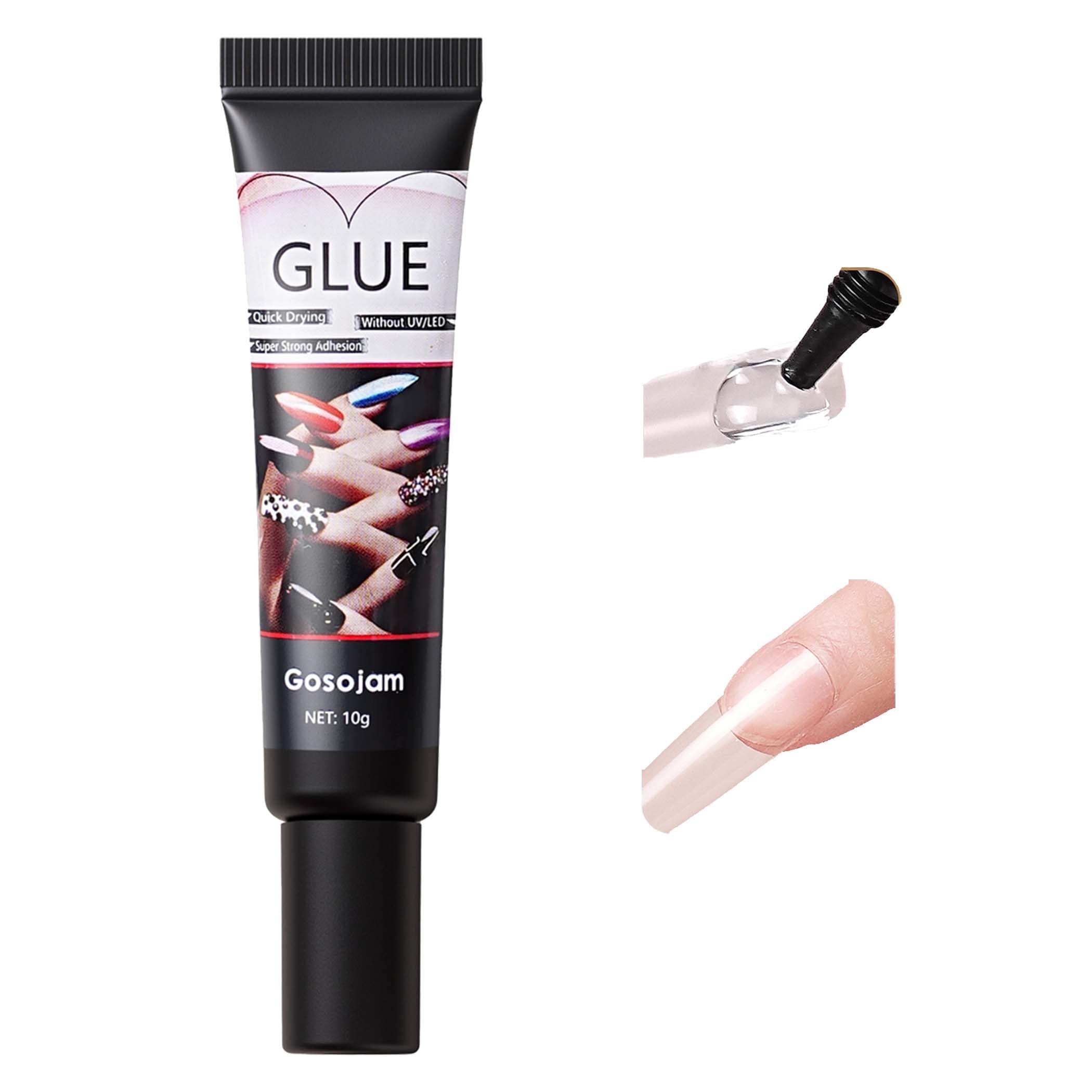 Gosojam nail glue bottle close-up shows 10g capacity for long wear.