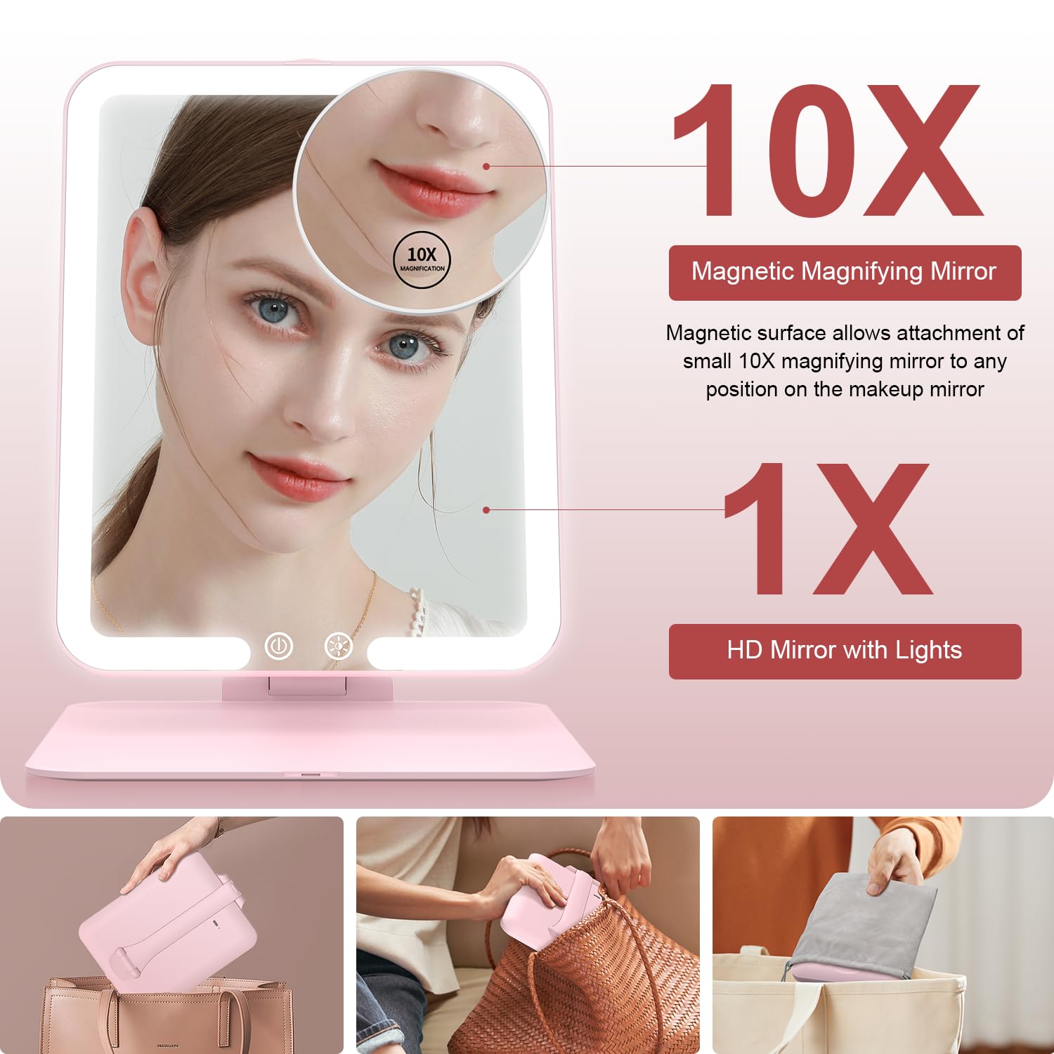 Gospire detachable 10x magnifying mirror for precise detail work.