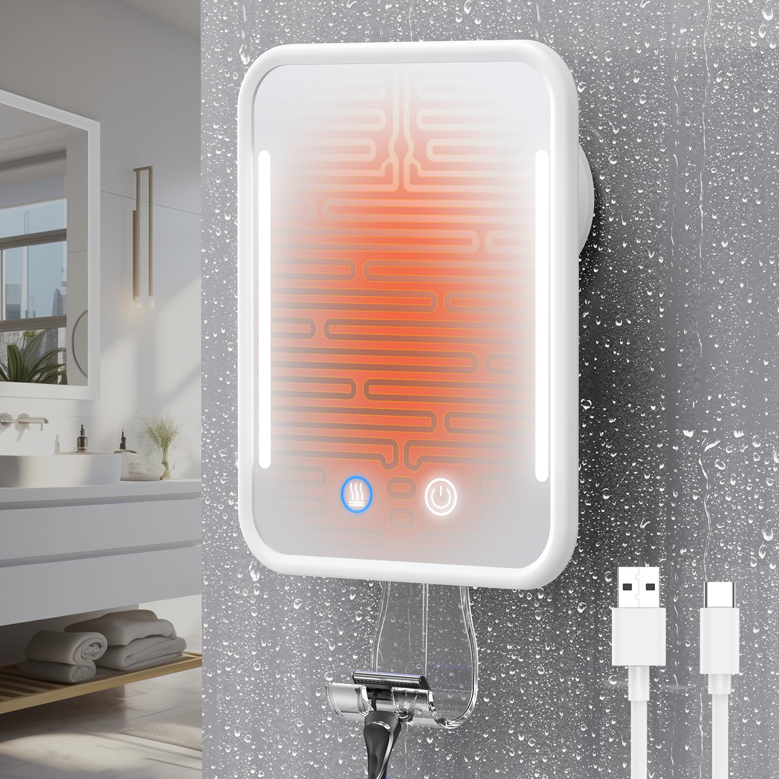 Gospire heated shower mirror fogless surface for clear shaving in steamy bathrooms.