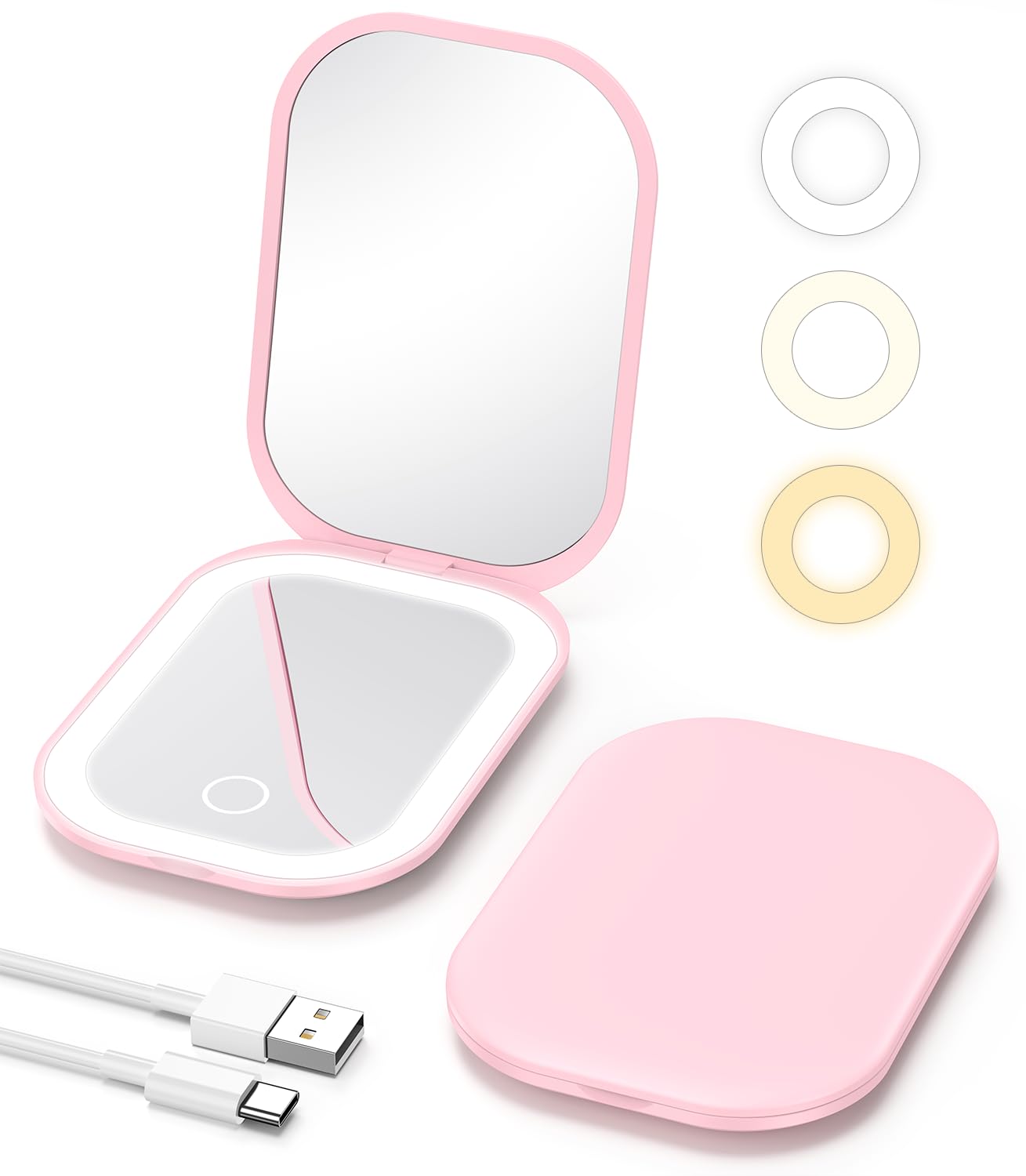 Gospire pink travel makeup mirror, compact for purse use with bright built-in light.