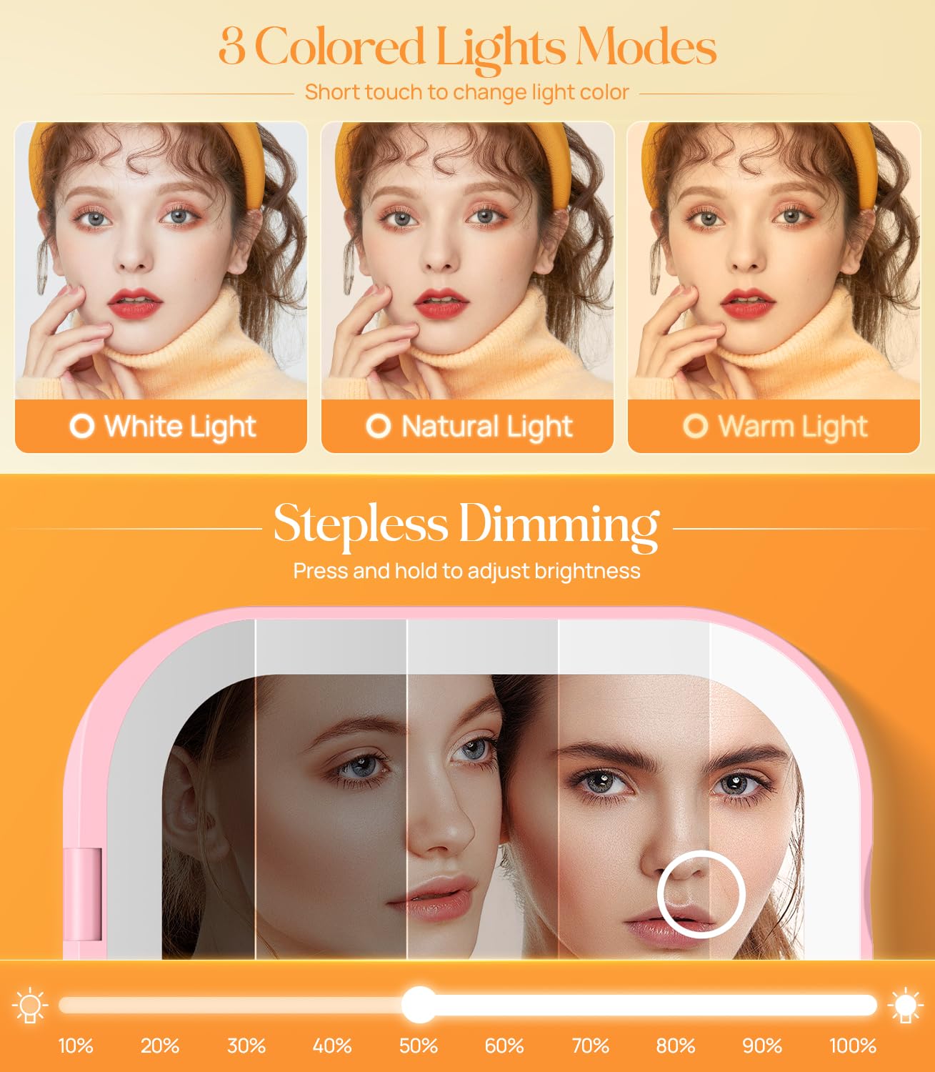 Gospire rechargeable pocket mirror with stepless brightness control for precise lighting.