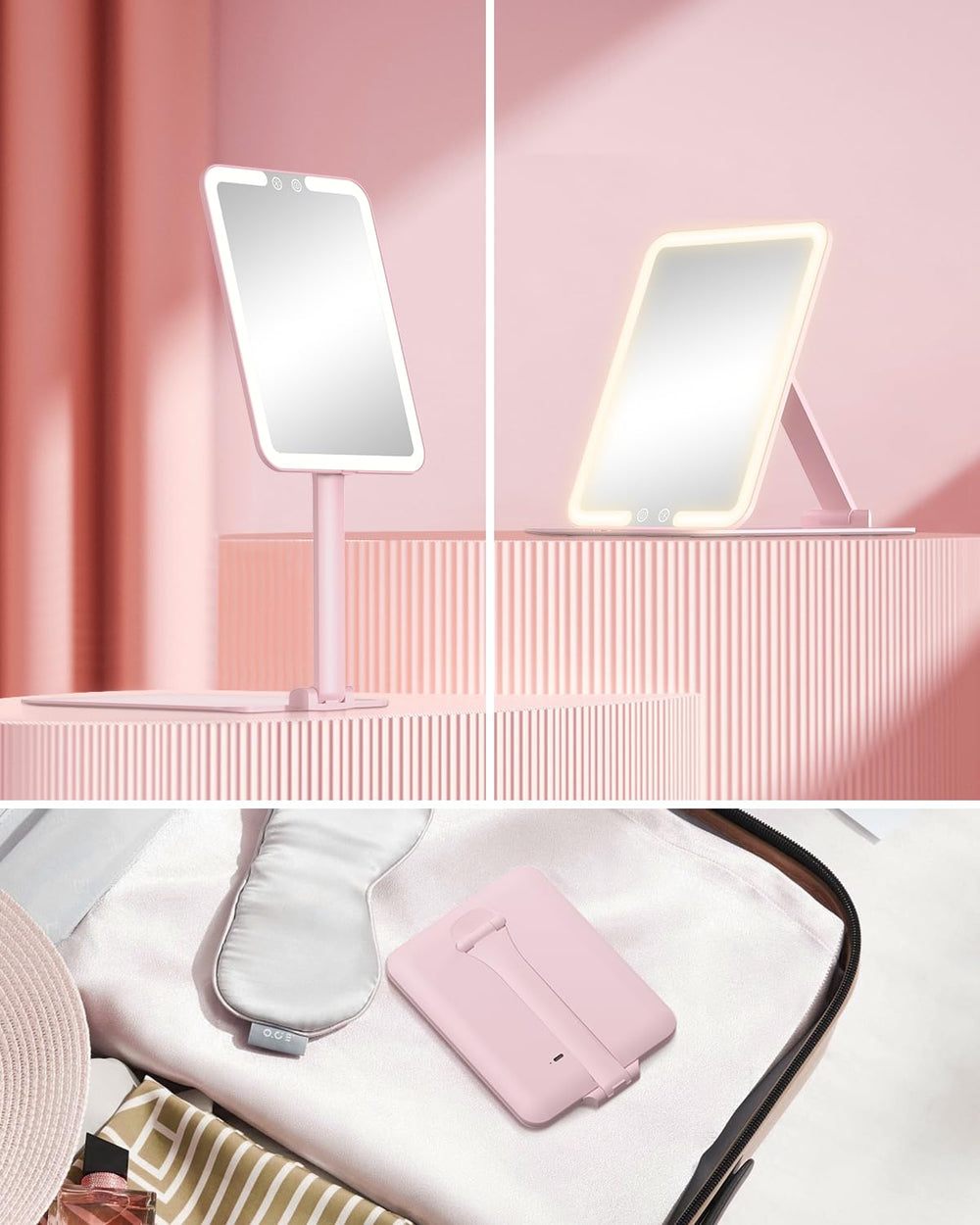 Gospire pink compact LED vanity mirror blends style with function.