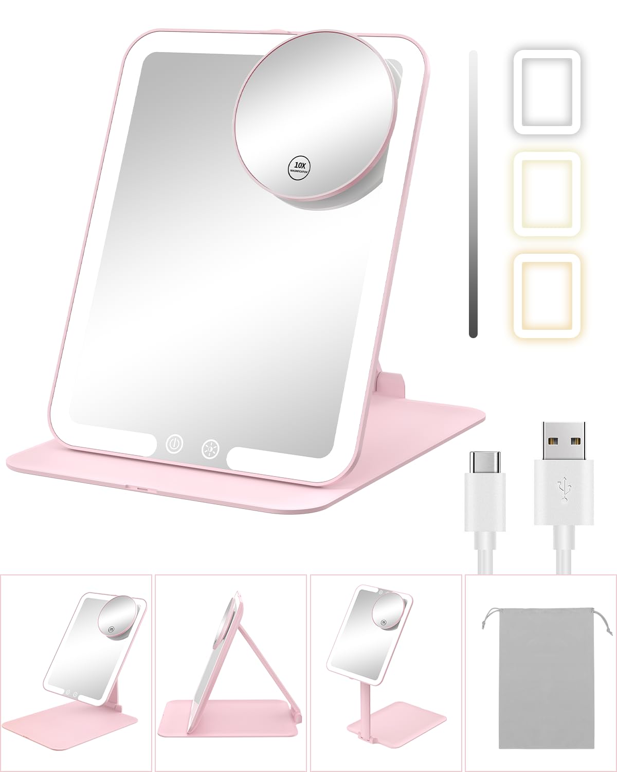 Gospire travel makeup mirror with lights and 10x magnification for precise makeup on the go.