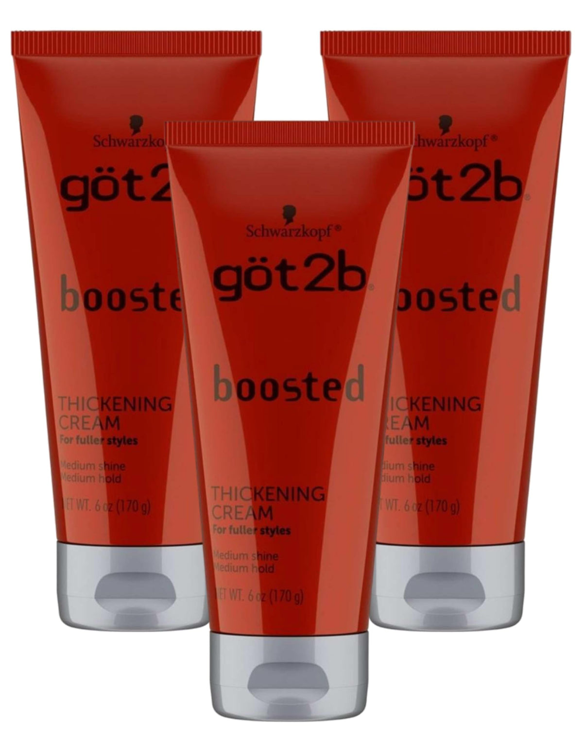 Got2B Boosted Hair Thickening Cream bottle highlights lightweight formula for density and lift.