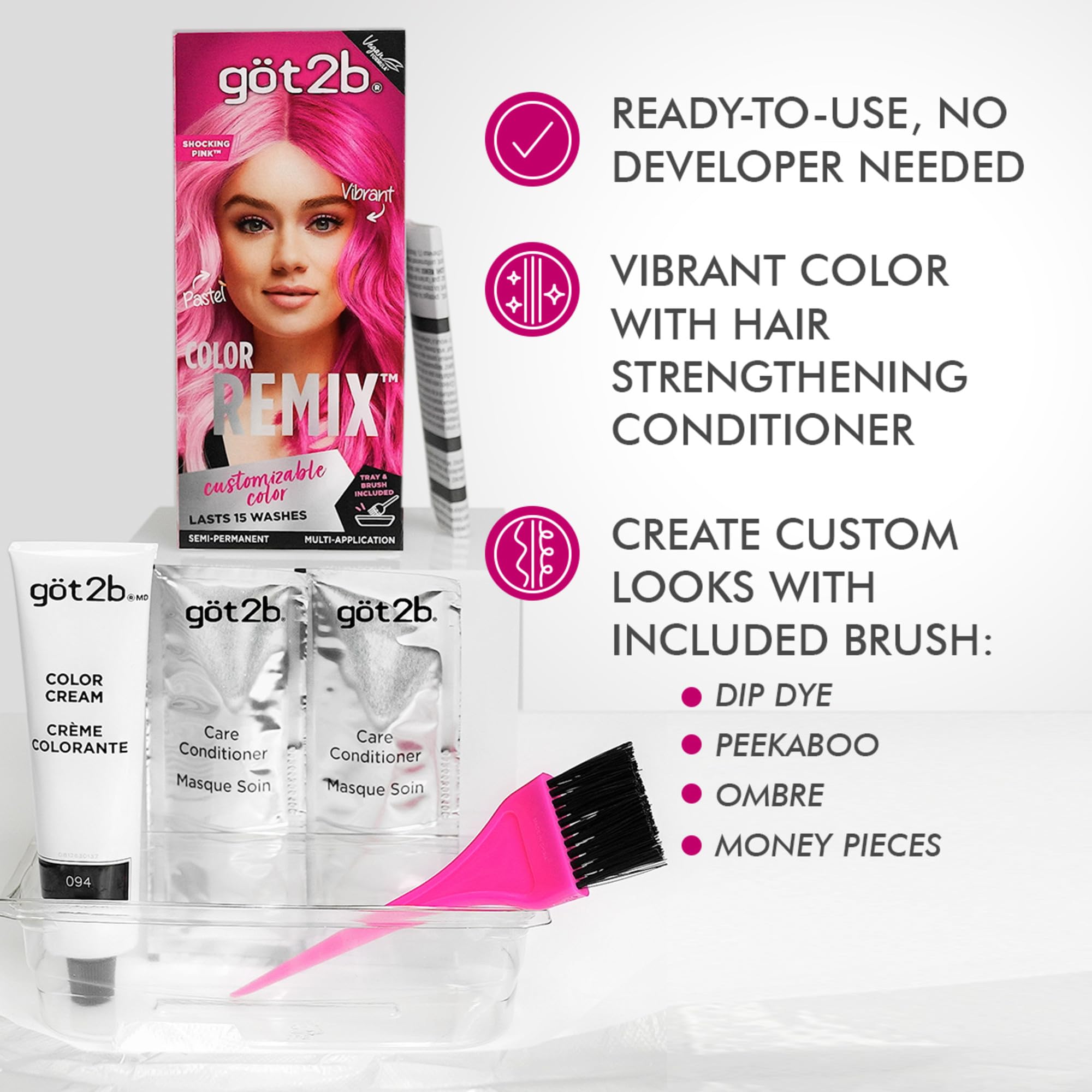 Got2b Color Remix pink shade wash-out preview lasting up to 15 washes.
