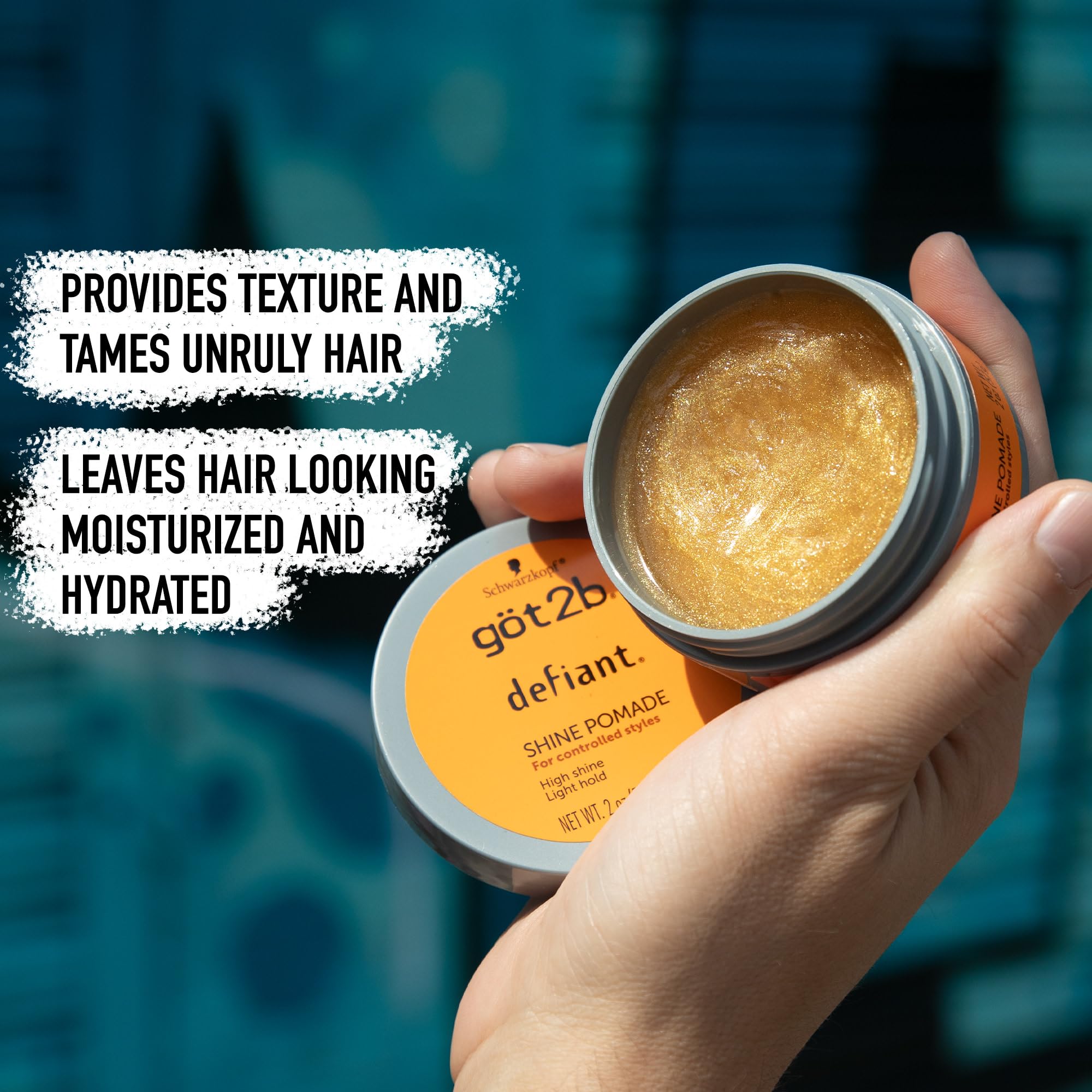 Applying Defiant Shine Pomade to dry hair creates light, glossy control.