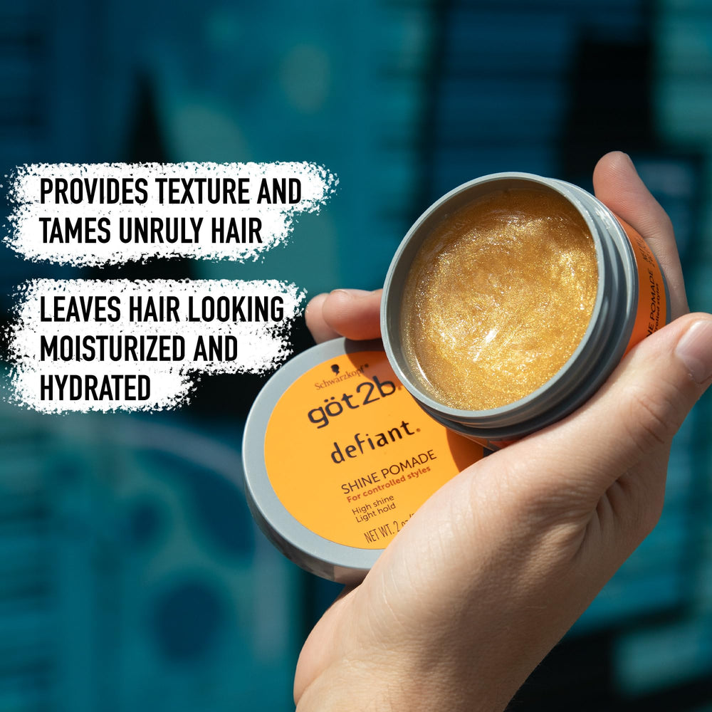 Applying Defiant Shine Pomade to dry hair creates light, glossy control.