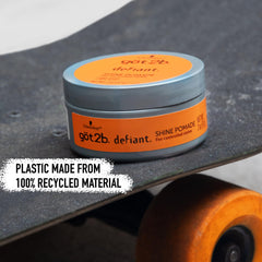Got2b Defiant Shine Pomade tin is compact and travel-ready for on-the-go styling.